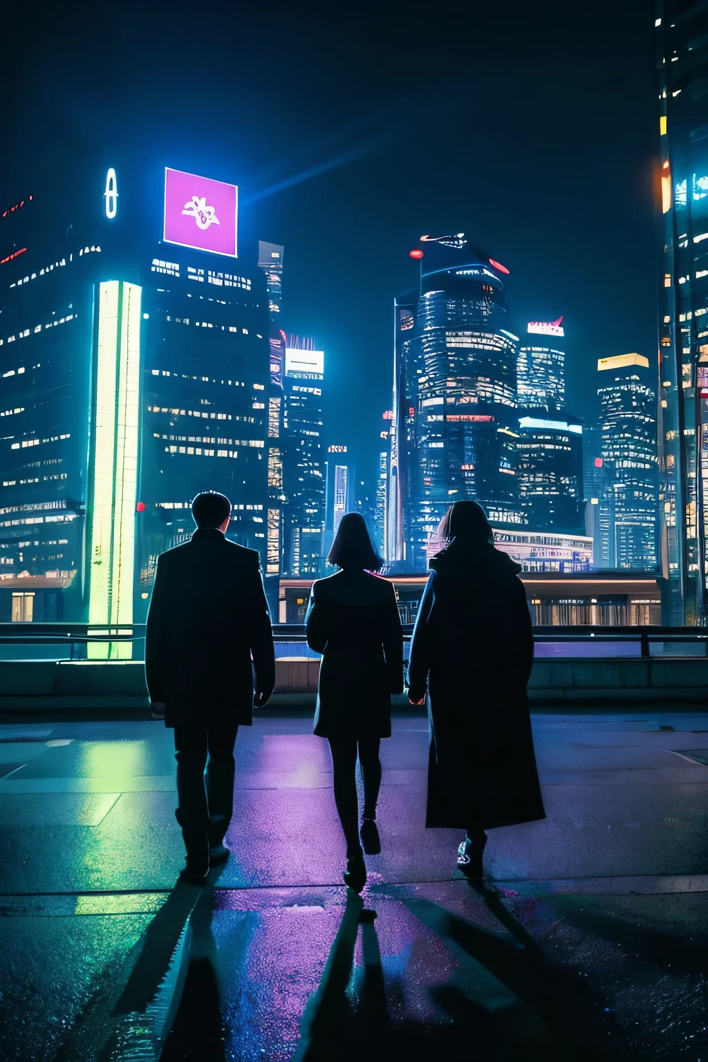 Imagine a sprawling metropolis in the near future, where the cityscape glows divinely against the darkness. The streets are bustling with people, many of whom are androids with mechanical parts integrated into their bodies. These pedestrians pass each other without interest, their faces expressionless and their eyes never meeting. The scene captures the isolation amidst urban density, highlighted by the contrasting lights and shadows of the futuristic city.
