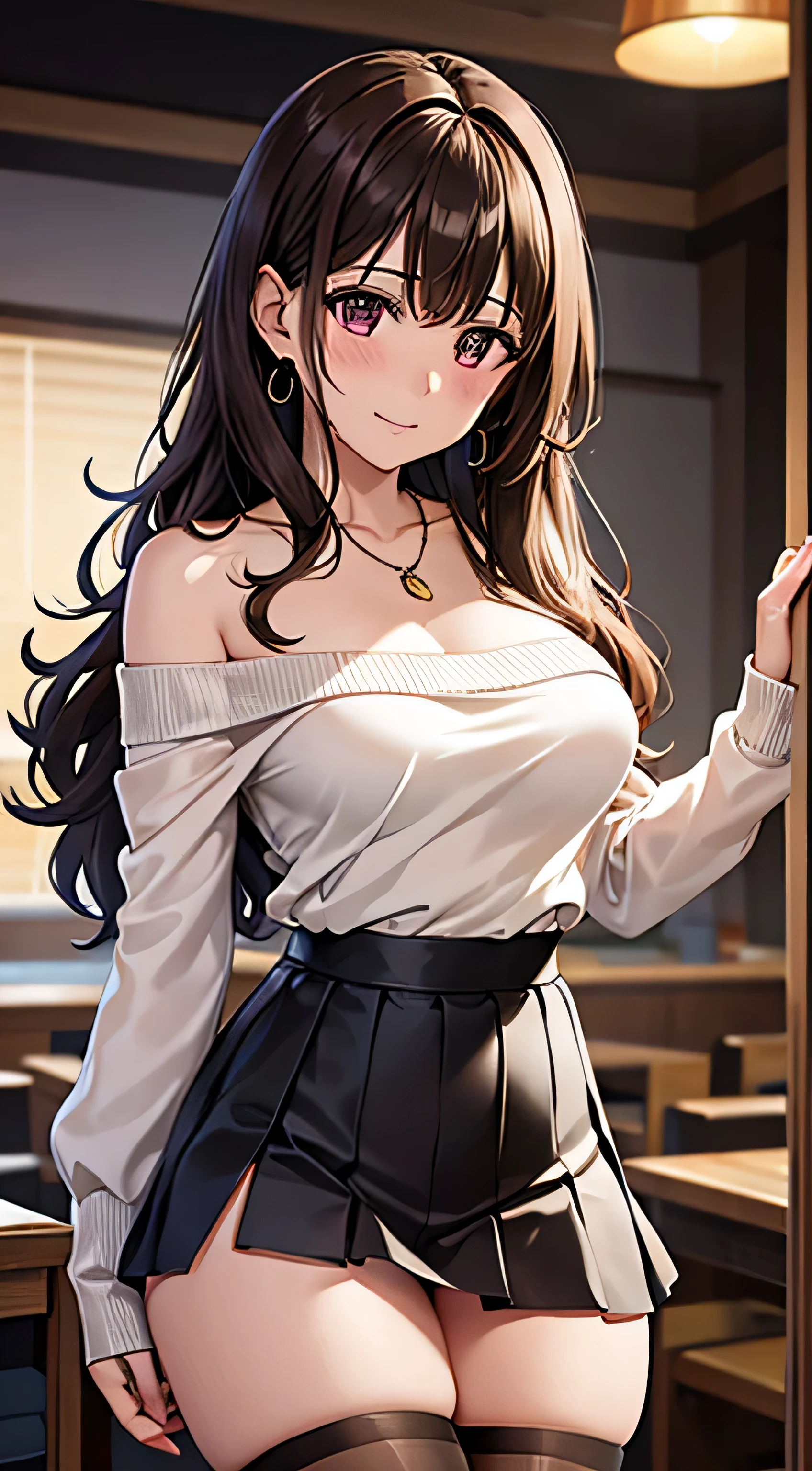 (table top, highest quality, High resolution, , perfect pixel, 4k,), 1 girl, single, alone, Beautiful woman、I could see the whole body、 ((Wavy mid-hair, bangs, brown hair)), ((brown eyes, beautiful eyelashes, realistic eyes)), ((detailed face, blush:1.2)), ((smooth texture:0.75, realistic texture:0.65, realistic:1.1, Anime CG style)), medium breasts, dynamic angle, perfect body, ((, female teacher, , earrings、necklace、beige off shoulder sweater、Long pleated skirt、black knee high stockings、pink lace panties、shy smile、Lift up your skirt and show your panties)), Upper grade、、、evening、、Bring your arms together to emphasize your chest、Hold the necklace between your chest、(、()、angle from below)、