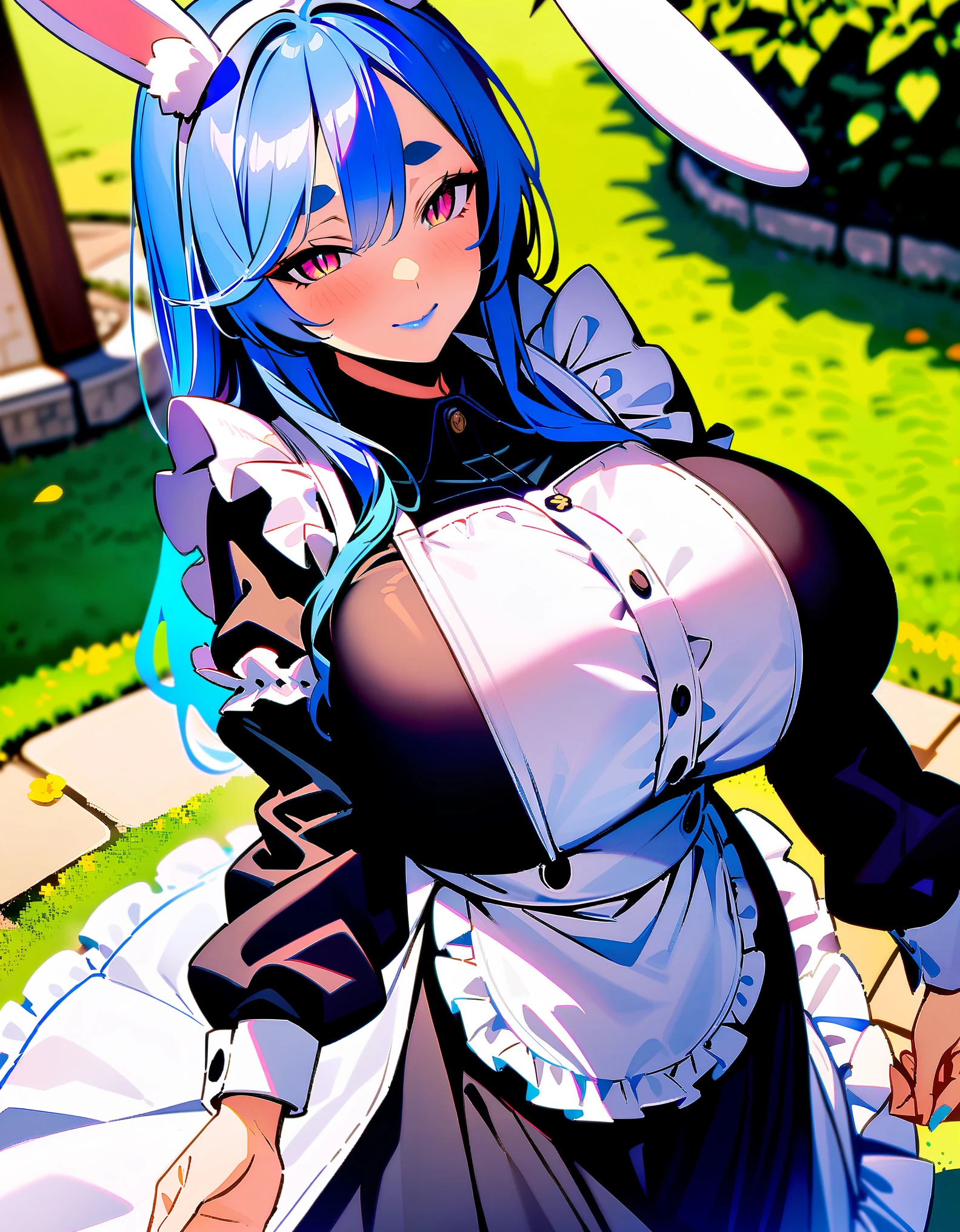 masterpiece, high quality, extremely detailed, 1girl, milf, solo, bunnygirl, pekomama, (huge breasts:1.5), ((((blue hair), long hair, pink eyes, slit pupils, rabbit ears))), blue lips, (((maid outfit, white apron, frilled apron, long sleeves, long skirt, frilled skirt))), ((light smile), closed mouth), ((garden))