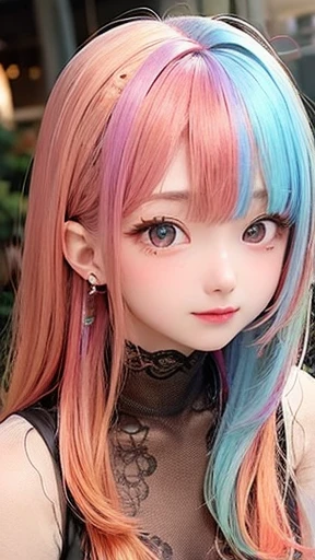 small face、 (alone:1.5,)Super detailed,bright colors, very beautiful detailed anime face and eyes, look straight, shiny_skin,girl, (((rainbow colored hair, colorful hair, Half red、Half golden hair: 1.2))), 、shiny hair, delicate beautiful face, blush、Glasses、(turquoise eyes), , Valletta, earrings,、flower garden、sunset、(((Brown、See-through、sexy、leotard、Lace mini skirt,Translucent shirt)))、(twin tails)、smile、happy face、face dyed red、cheerful pose、dynamic、