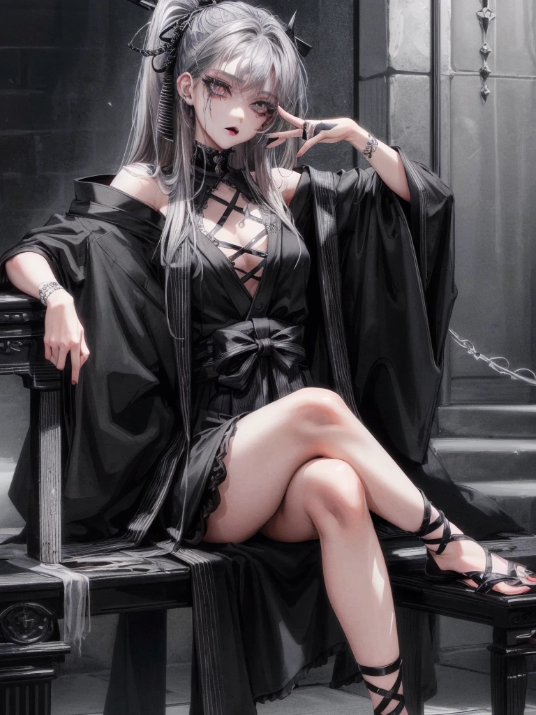 masterpiece, 最high quality, high quality, super detailed, 1 girl, looking at the viewer, gray hair, gray eyes, black lipstick, black shirt, Sitting on a white floor, devil girl, Goscoax, 1 7 years old, goth girl, japanese gothic, gothic punk style, Black Metal Style, put your hand on your head