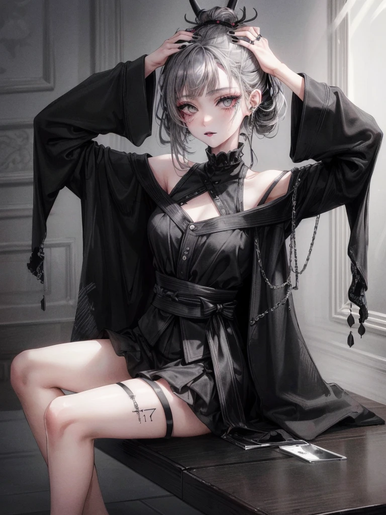 masterpiece, 最high quality, high quality, super detailed, 1 girl, looking at the viewer, gray hair, gray eyes, black lipstick, black shirt, Sitting on a white floor, devil girl, Goscoax, 1 7 , goth girl, japanese gothic, gothic punk style, Black Metal Style, put your hand on your head