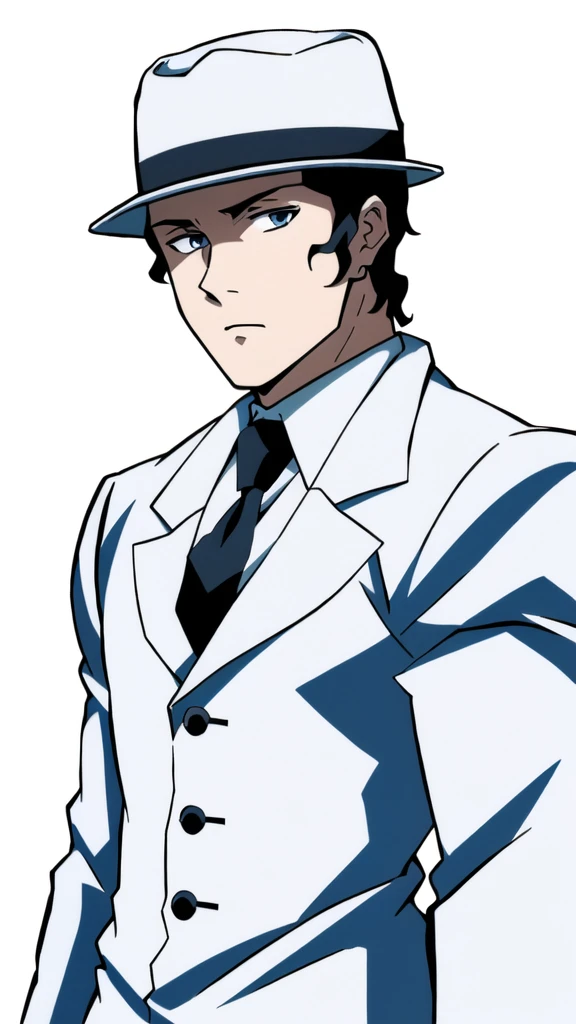 (Illustration, high resolution, best quality: 1.5, masterpiece, minimalist, whitebackground: 2, simplistic detail, anime), solo: 2, fit male, adult male, upper body, half body portrait, fedora hat, white suit, tie, MuzanMale