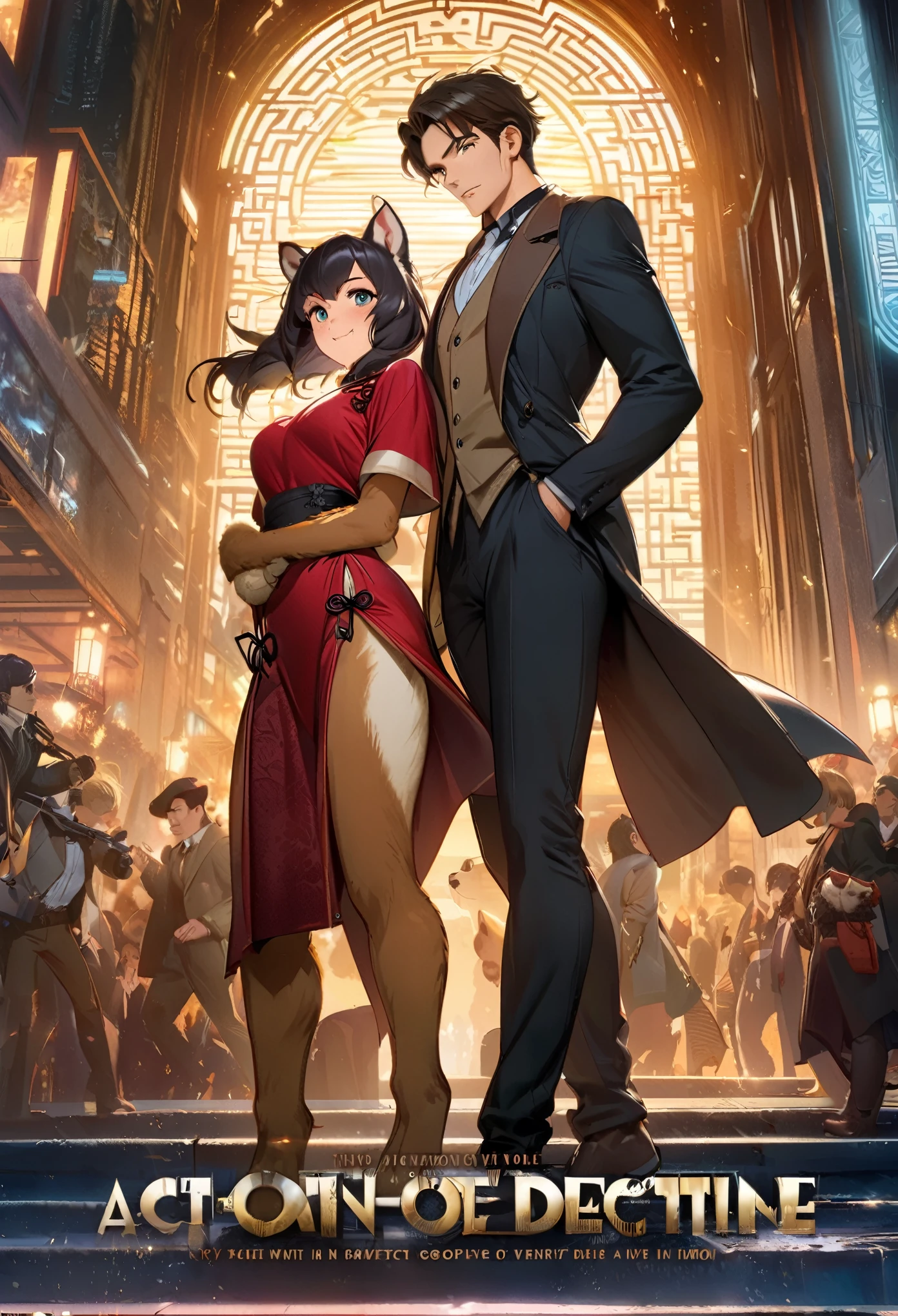 movie poster, movie artwork, concept art of action movie, romance novel cover, highres, top quality, best quality, perfect artwork, absurdres, perfect anatomy(couple, young 1male detective, 1woman in Chinese dress)(furry, kemono, anthro)with some elements of 007,