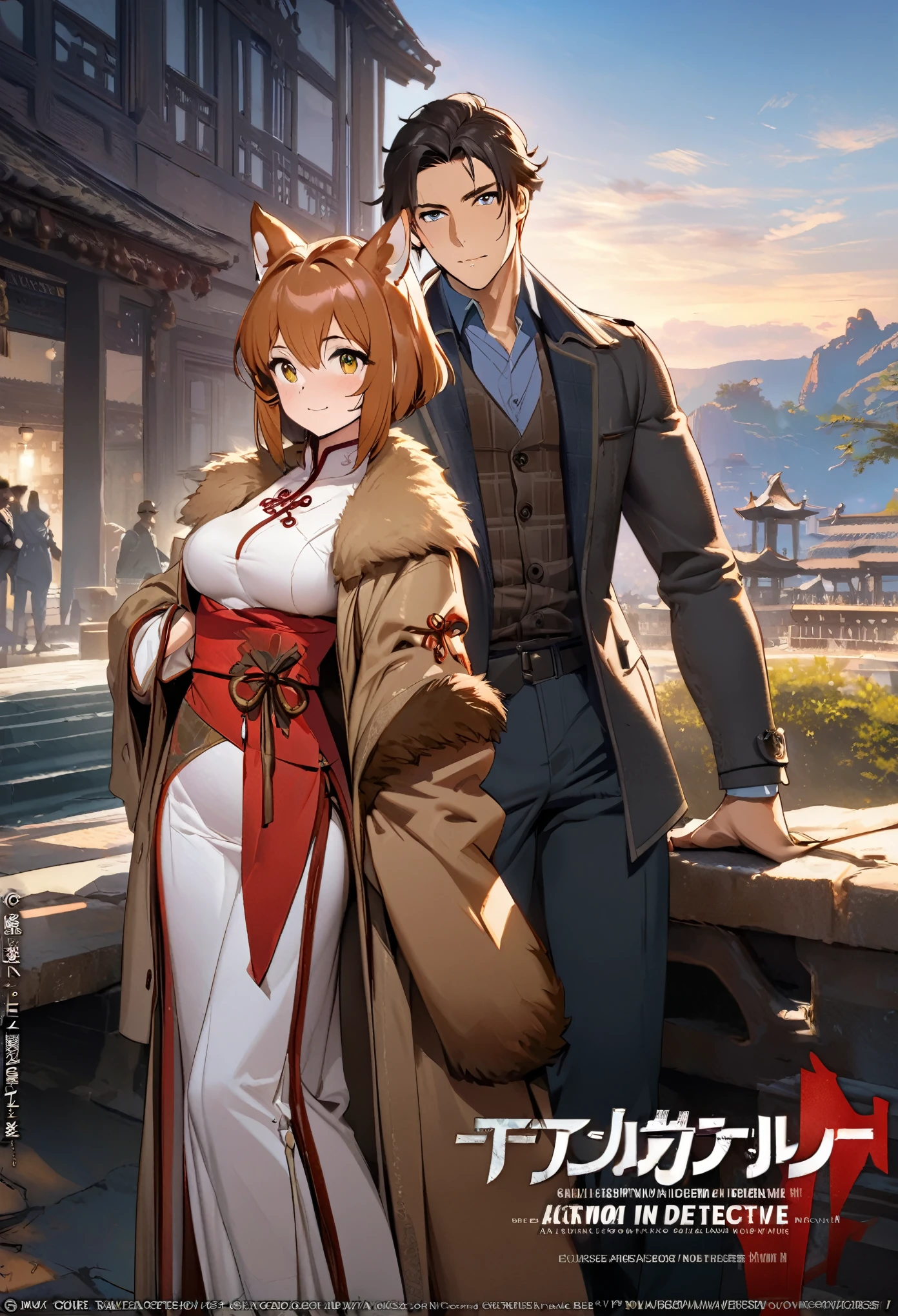 movie poster, movie artwork, concept art of action movie, romance novel cover, highres, top quality, best quality, perfect artwork, absurdres, perfect anatomy(couple, young 1male detective, 1woman in Chinese dress)(furry, kemono, anthro)with some elements of 007,