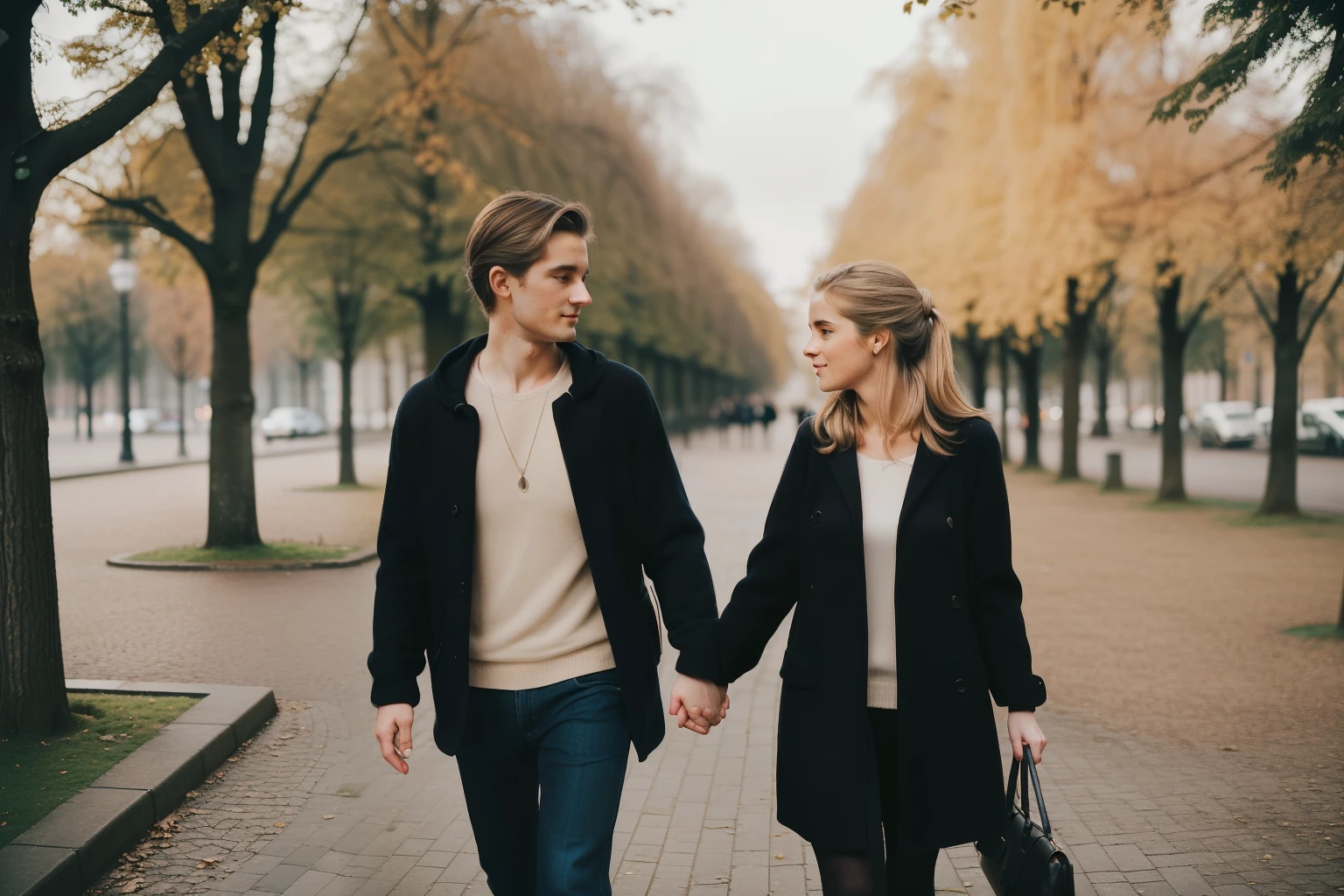 Berlin, 2014. ((((35-year-old)) Clara Ferran)), in the park, walking with her boyfriend, holding hands, ((cozy romance)), ((((clothings from the 2010s)))), ((dark-blonde hairstyle of the 2010s))
