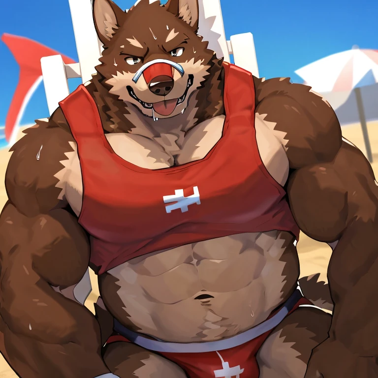 POV,top angle,sleep on stomach,lats,trapezius,butt lift,kemono, anthro (brown dog), male, (brown dog), muscular, back, red body, white belly ,sweat, ((correct anatomy)), sit on chair, beach, perfect beach background, 1 boy, solo, wearing jockstrap, pain expression, canine tooth, hd, dark shadows, wide dynamic range, hdr, low light:1.2, front view, full body, canid, canine, canis, domesticbrown dog mammal, nordic sled brown dog, fullbody, full res, smile, lifeguard, wearing Tank top, underwear sniffing, open mouth,tongue out,drooling