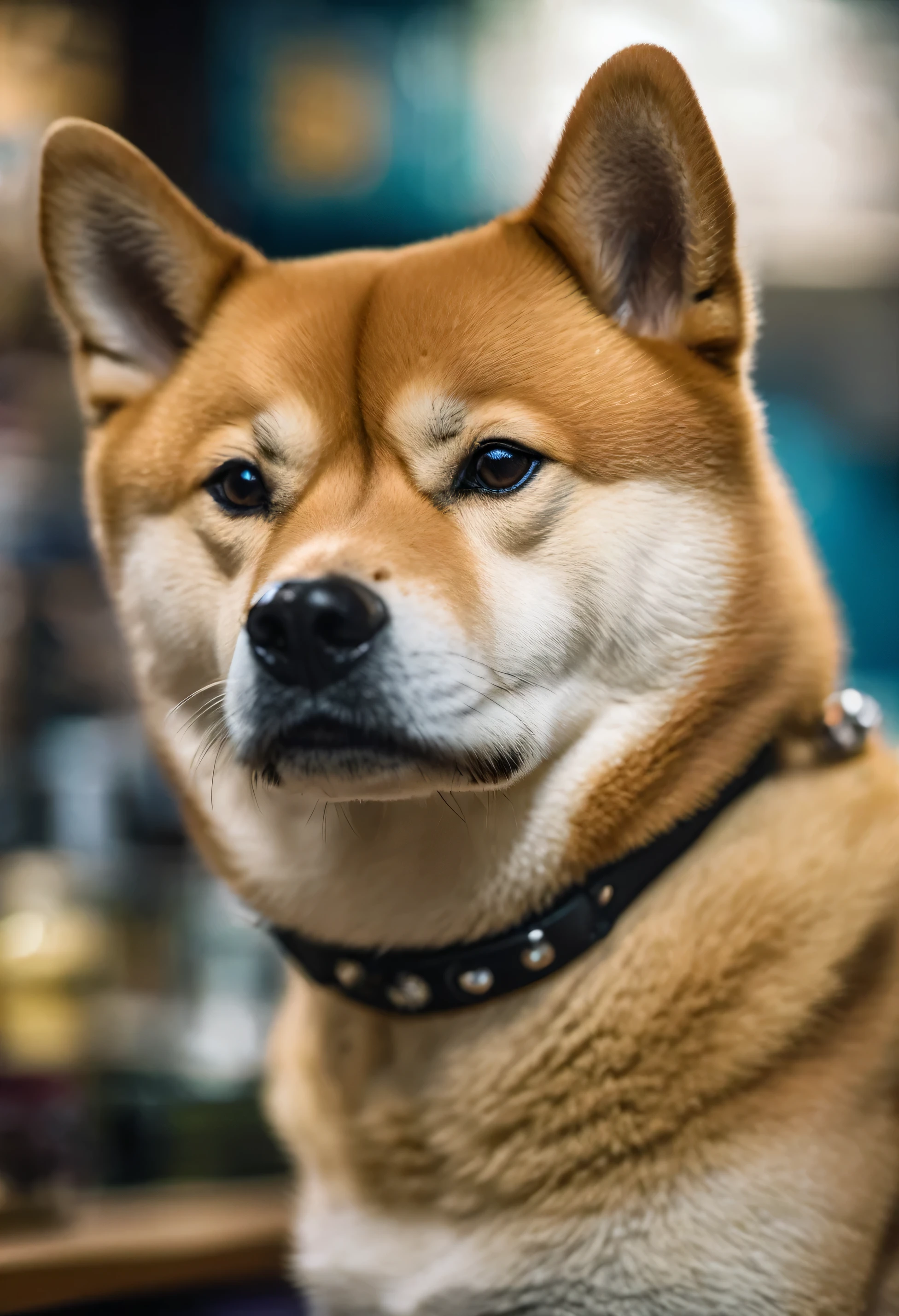 An ultra detailed photo of shiba inu in a tattoo shop, ultra sharp focus, award winning photo, perfect contrast, high sharpness, ultra detailed photography