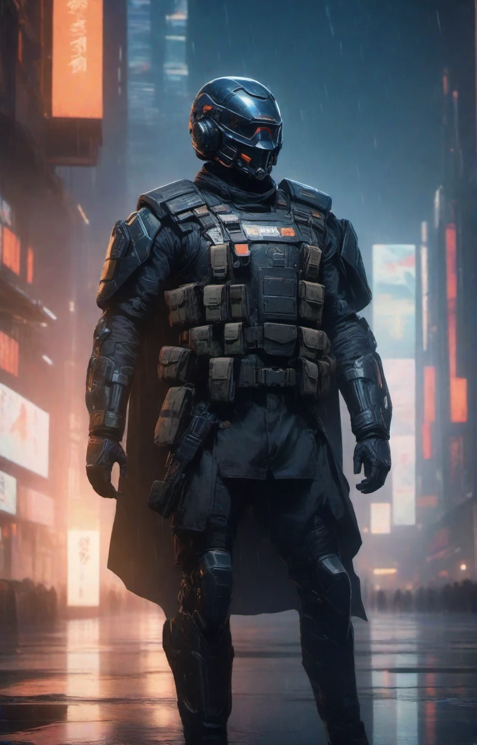 cinematic photo a man with a helmet with a tactical armour, Tactical vest with ammo pouches, A black cape behind him flowing in the wind, Thigh gun holster, Utility belt, side view, full body,cyberpunk background . 35mm photograph, film, bokeh, professional, 4k, highly detailed high-res, masterpiece, best quality,  with a tactical armour, Tactical vest with ammo pouches, A black cape behind him flowing in the wind, Thigh gun holster,