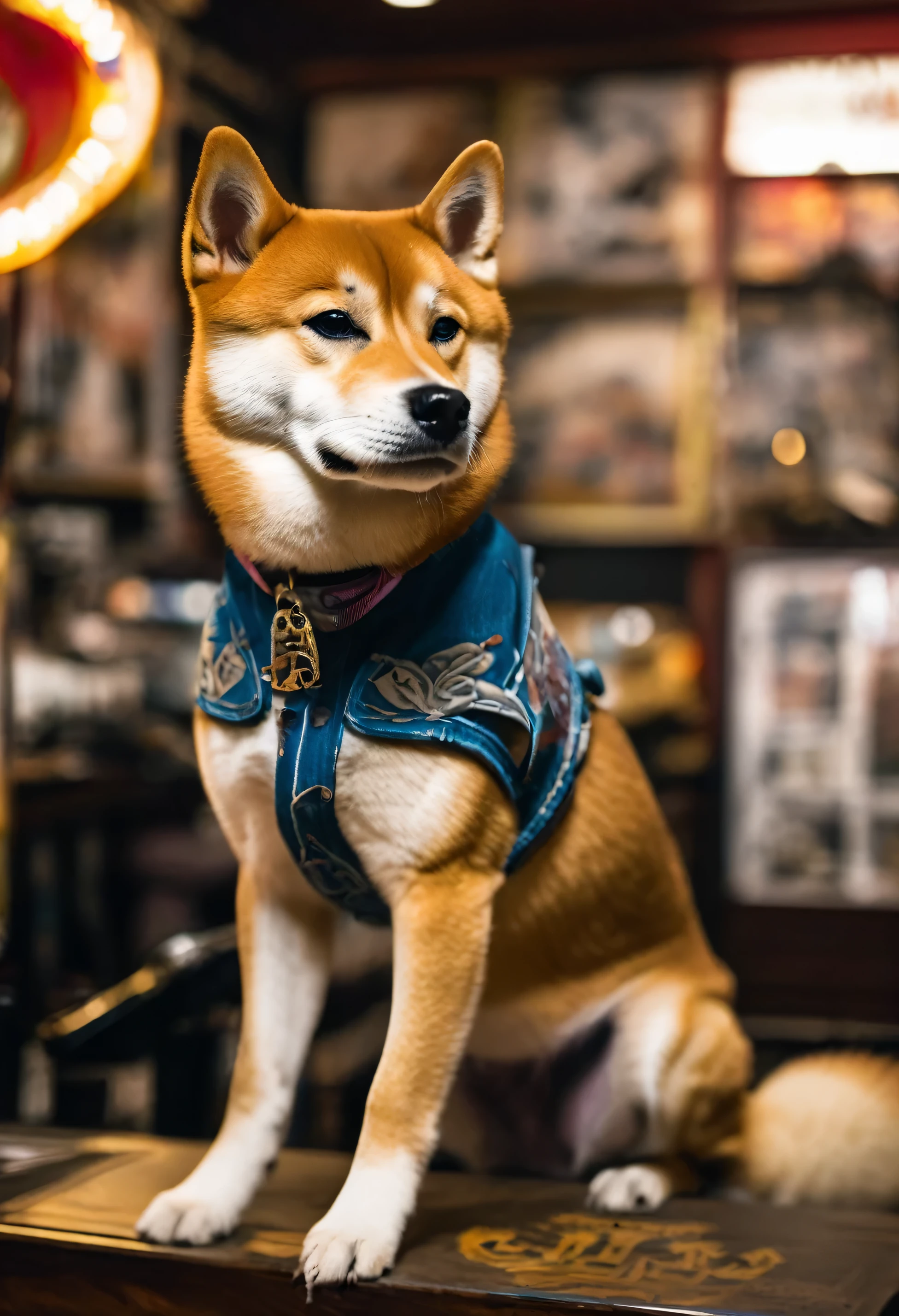 An ultra detailed photo of shiba inu in a tattoo shop, ultra sharp focus, award winning photo, perfect contrast, high sharpness, ultra detailed photography