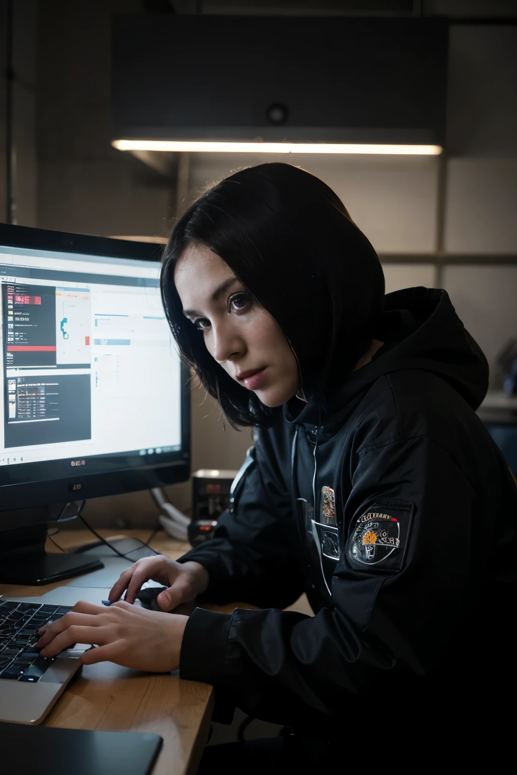 create a image in pixel art with cyberpunk themed colors and there is an astronaut sitting in front of adesk and he's looking directly at the viewer, and he's a hacker, and his hands are visible on the keyboard of the computed and all the things around him are hacker and cyberpunk themed