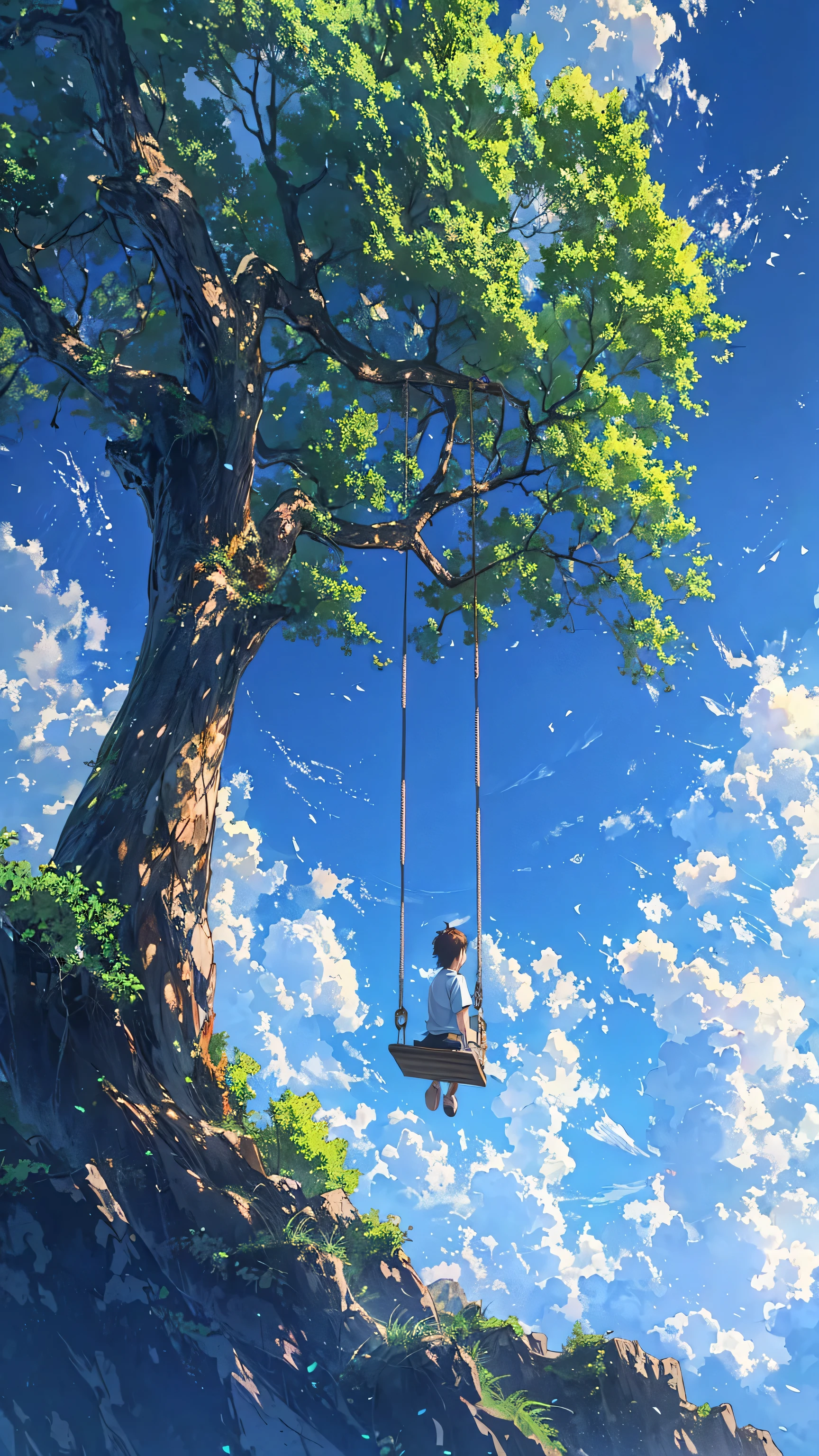 Wallpapers,scenecy,Best quality at best,with blue sky and white clouds,The tree,swing,Anime style,8K,Makoto Shinkai painting style,Anime landscapes,Anime background art