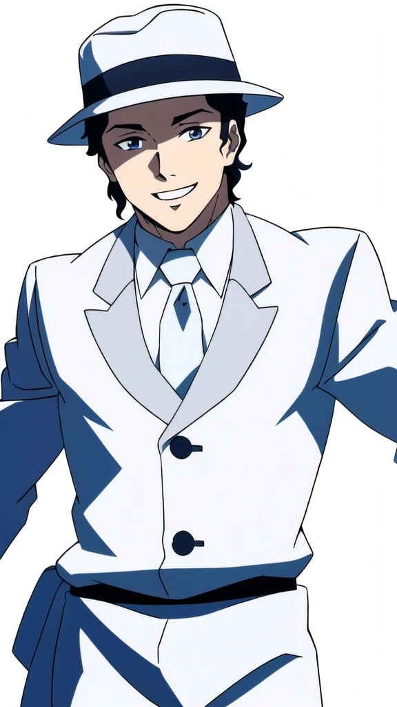 (Illustration, high resolution, best quality: 1.5, masterpiece, minimalist, whitebackground: 2, simplistic detail, anime), solo: 2, fit male, adult male, upper body, half body portrait, fedora hat, white suit, tie, MuzanMale crazy smile, crazy face