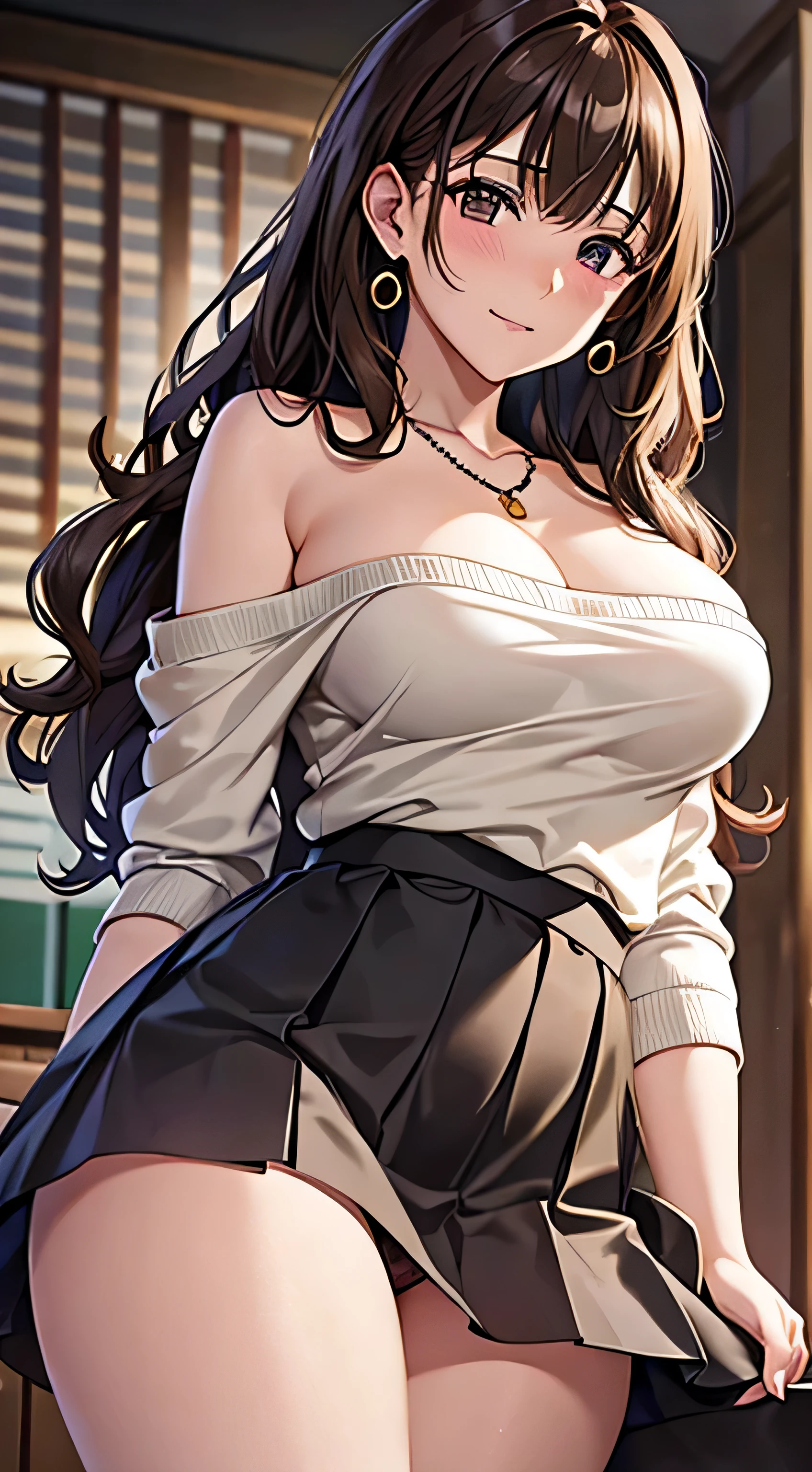 (table top, highest quality, High resolution, , perfect pixel, 4k,), 1 girl, single, alone, Beautiful woman、I could see the whole body、 ((Wavy mid-hair, bangs, brown hair)), ((brown eyes, beautiful eyelashes, realistic eyes)), ((detailed face, blush:1.2)), ((smooth texture:0.75, realistic texture:0.65, realistic:1.1, Anime CG style)), medium breasts, dynamic angle, perfect body, ((, female teacher, , earrings、necklace、beige off shoulder sweater、Long pleated skirt、black knee high stockings、pink lace panties、shy smile、Lift up your skirt and show your panties)), Upper 、、、evening、、Bring your arms together to emphasize your chest、Hold the necklace between your chest、(、()、angle from below)、