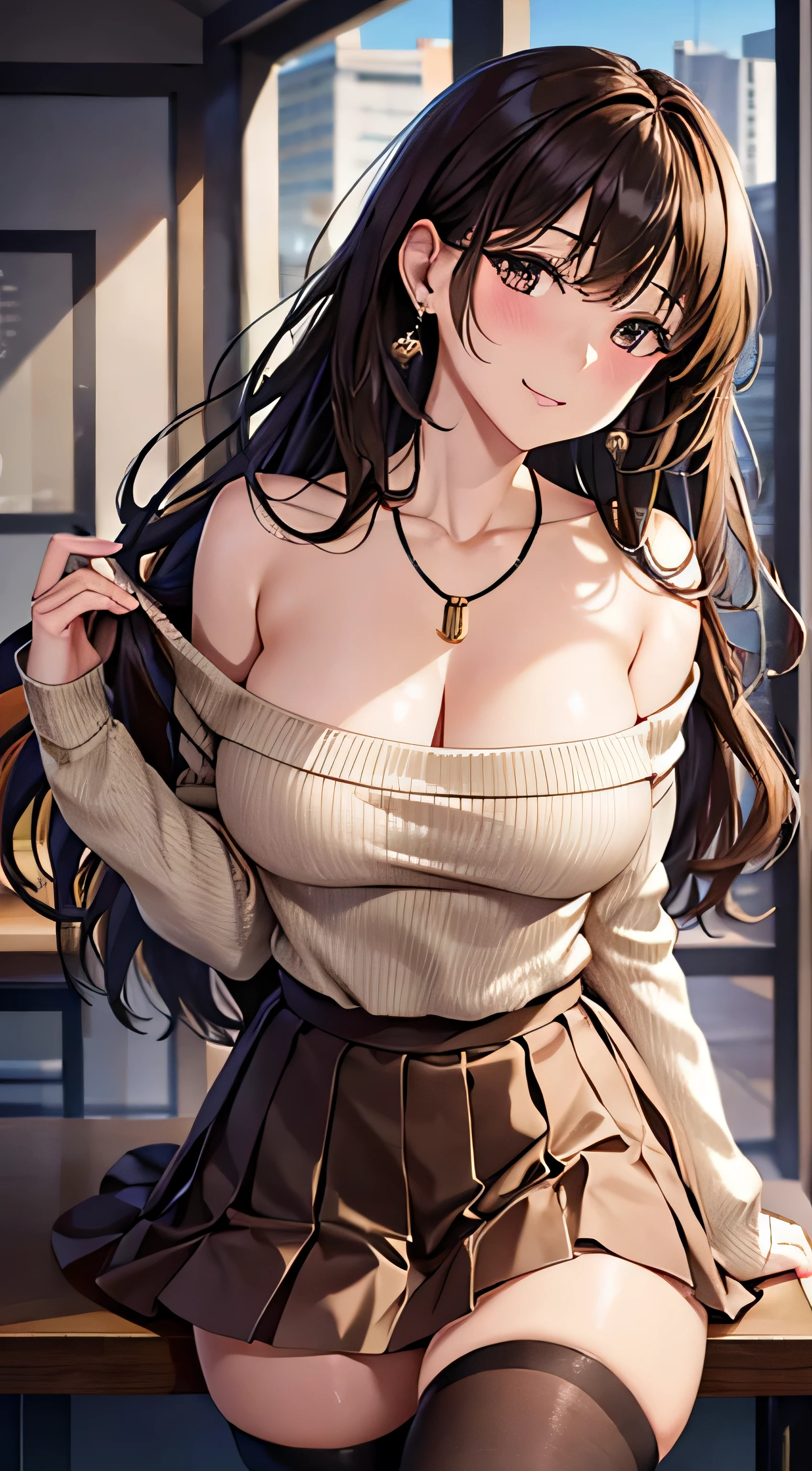 (table top, highest quality, High resolution, , perfect pixel, 4k,), 1 girl, single, alone, Beautiful woman、I could see the whole body、 ((Wavy mid-hair, bangs, brown hair)), ((brown eyes, beautiful eyelashes, realistic eyes)), ((detailed face, blush:1.2)), ((smooth texture:0.75, realistic texture:0.65, realistic:1.1, Anime CG style)), medium breasts, dynamic angle, perfect body, ((, female teacher, , earrings、necklace、beige off shoulder sweater、Long pleated skirt、black knee high stockings、pink lace panties、shy smile、Lift up your skirt and show your panties)), Upper grade、、、evening、、Bring your arms together to emphasize your chest、Hold the necklace between your chest、(、()、angle from below)、