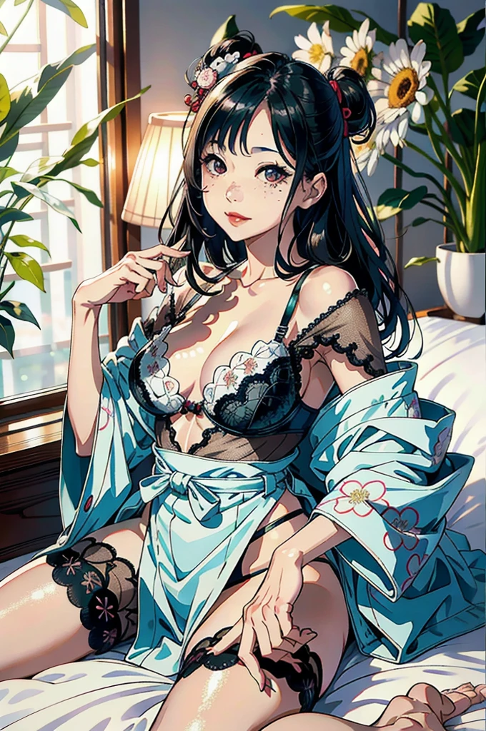 Japan woman in lingerie sitting on bed, Seductive gravure idol, Beautiful attractive gravure idol, Beautiful attractive gravure idol, Gwaites style artwork, extremely detailed art germ, random pose,range murata and art germ, very detailed fan art, IG model | art germ, in kimono, Black-haired Sui Ishida, style art germ,Healthy, radiant skin!!, shiny silver,Japanese-style house,on the bed,Mole under left eye,Cute freckles on the cheeks,((beautiful skin)),((skin texture)),((real skin feel)),(Decorative detailed bra , sensual )