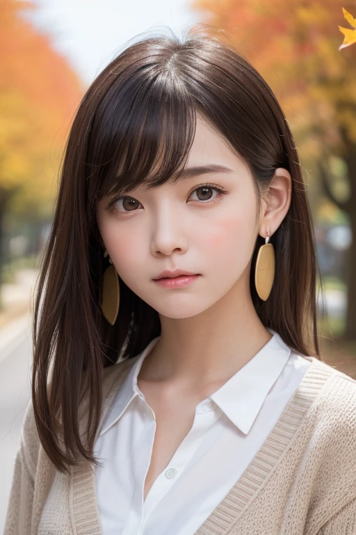 one girl, (a beauty girl, Delicate girl:1.3), (:1.3),
break, (Tree-lined avenue in autumn:1.2), (cardigan:1.2),
break, very fine resolution, (symmetrical eyes:1.3),
break, small breasts, brown eyes, parted bangs, brown hair, girl,
break, (Eye and face details:1.0), (get closer to the face, zoom in on the face, face focus:1.0),
break, (masterpiece, highest quality, super detailed, detailed face, 8K)、From above、earrings、hair blowing in the wind、blush your cheeks、((sad expression:1.4))、Biting your lower lip、high angle、super realistic photos、Ginkgo leaves on my head