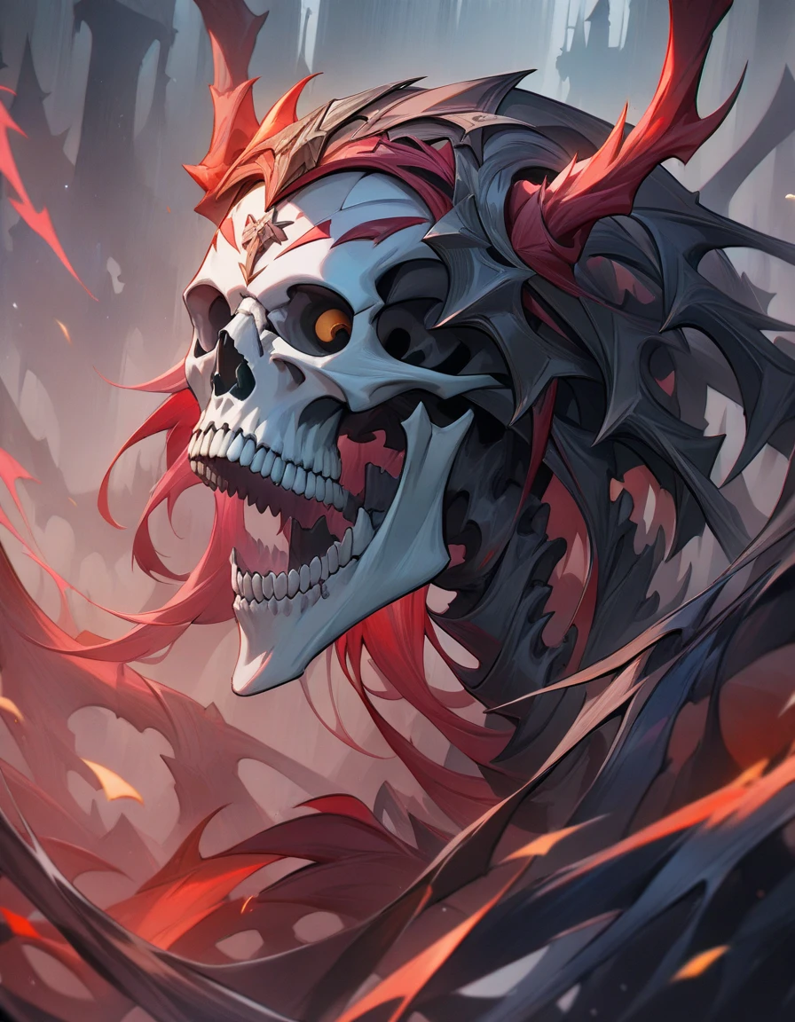 (((Meisterwerk))), (((Best quality: 1.4))), ((Super Detail: 1.4)) , very detailed gouache painting of a scary skeleton, beautiful exotic features, bernsteinfarbene Neonaugen:1.5, Rote Haare, hyper-detailed facial features, ausdrucksstarkes Gesicht, detaillierte Texturen, Tattoos, Volumetrie, Ultra high resolution, Flammen im Hintergrund