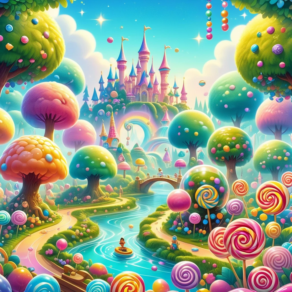 candyland, Amusement park made of candy, magical forest, colorful candy towers, glistening rooftops, rainbow bridge, honey river, sparkly water, sweet aroma, lollipop trees, cotton candy bushes, vibrant lively atmosphere, floating shiny particles, children playing, candy slides, jelly trampolines, photo real, Shot on a 50mm lens, classic composition, masterpiece, exquisite, color correction, amazing visual effects, crazy details, intricate details, sharp focus, super high effect, HD, 8k
