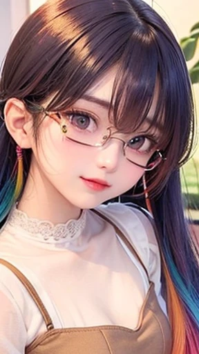 small face、 (alone:1.5,)Super detailed,bright colors, very beautiful detailed anime face and eyes, look straight, shiny_skin,girl, (((rainbow colored hair, colorful hair, Half red、Half golden hair: 1.2))), 、shiny hair, delicate beautiful face, blush、Glasses、(turquoise eyes), , Valletta, earrings,、flower garden、sunset、(((Brown、See-through、sexy、Sailor Leotard、Lace mini skirt,Translucent shirt)))、(twin tails)、smile、happy face、face dyed red、cheerful pose、dynamic、