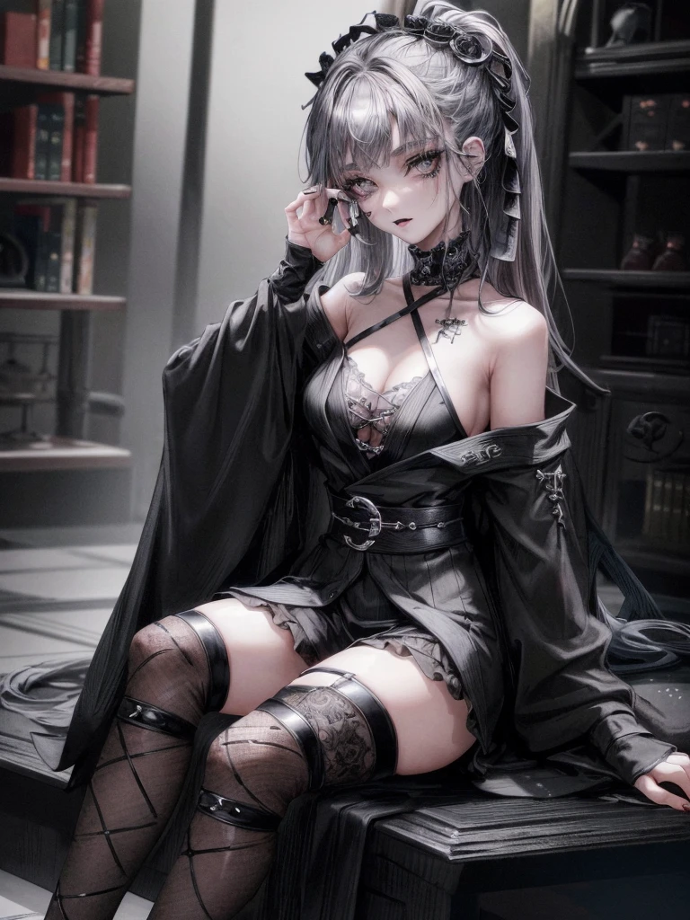 highest quality、8k、masterpiece:1.3、Gothic Punk、The inside color is red、Black hair mixed with pink、hair ornaments、Beautiful girl、(large breasts with good shape)(Long beautiful legs)(Provocative pose、sit)creative、Dark Fantasy Style、Neogoth、(Sexy Goth Fashion:1.2)
