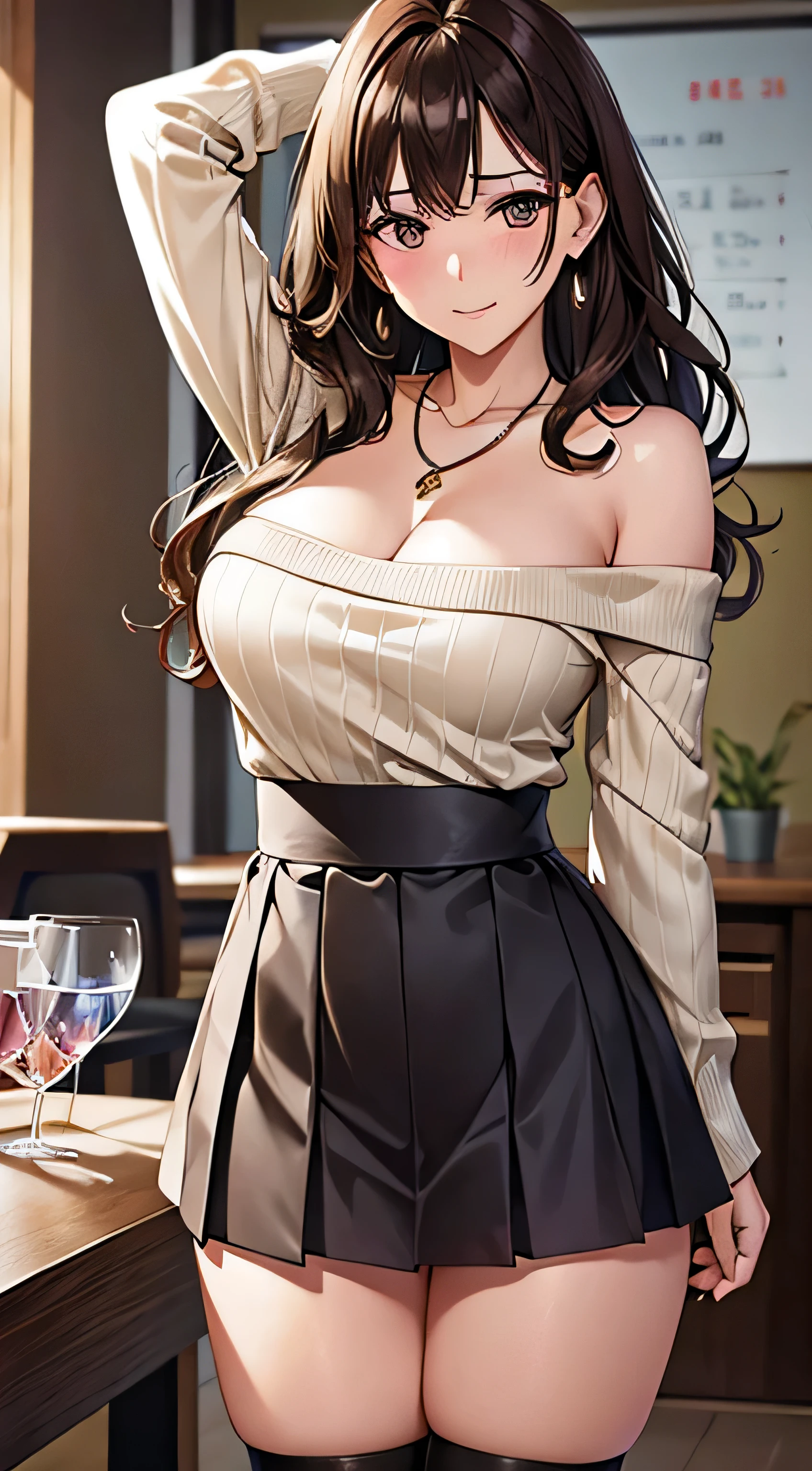 (table top, highest quality, High resolution, , perfect pixel, 4k,), 1 girl, single, alone, Beautiful woman、I could see the whole body、 ((Wavy mid-hair, bangs, brown hair)), ((brown eyes, beautiful eyelashes, realistic eyes)), ((detailed face, blush:1.2)), ((smooth texture:0.75, realistic texture:0.65, realistic:1.1, Anime CG style)), medium breasts, dynamic angle, perfect body, ((, female teacher, , earrings、necklace、beige off shoulder sweater、Long pleated skirt、black knee high stockings、pink lace panties、shy smile、Lift up your skirt and show your panties)), Upper 、、、evening、、Bring your arms together to emphasize your chest、Hold the necklace between your chest、(、()、angle from below)、