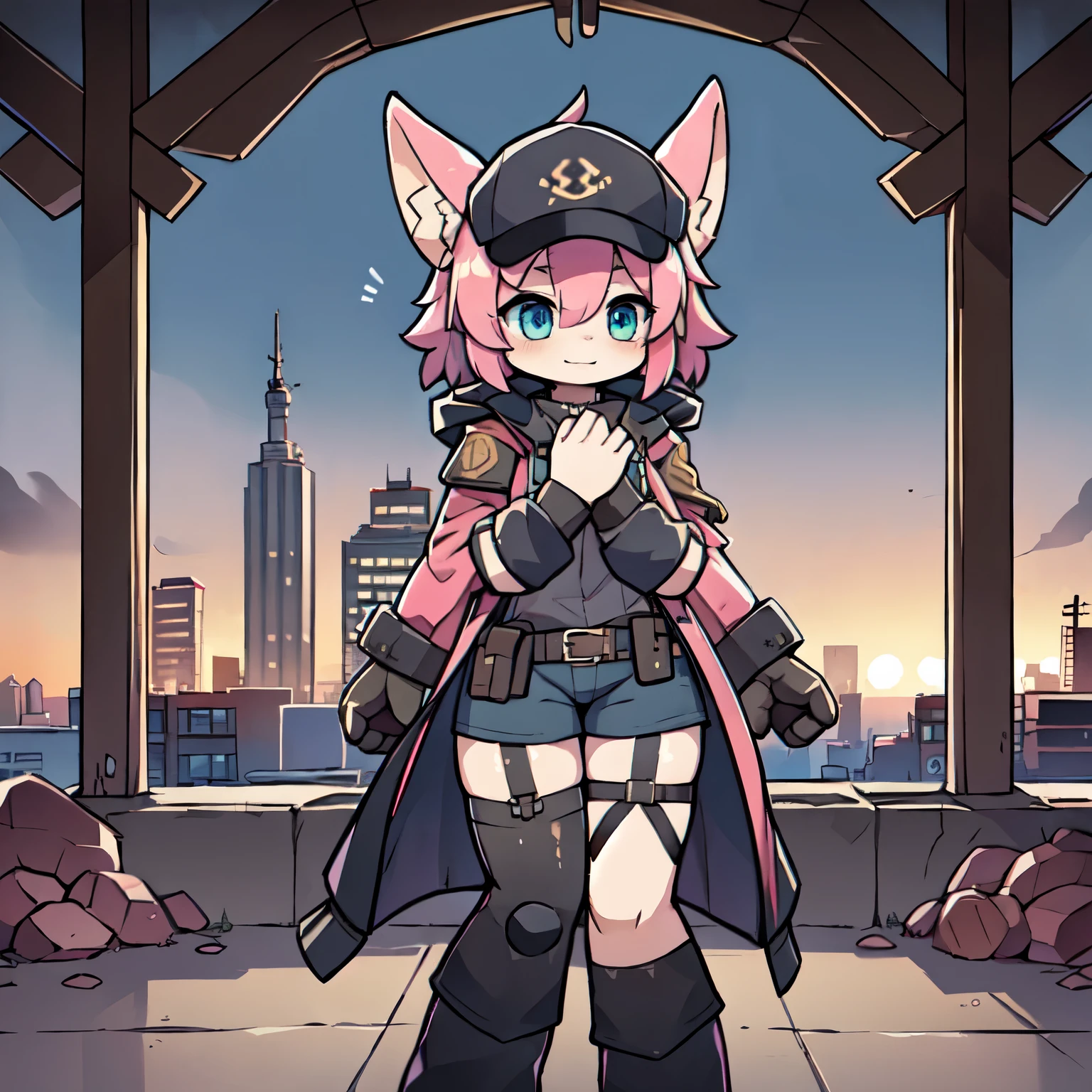 Kawaii, pink striped Fluffy Fox, Pink hair, left eye is red, right eye is blue, heterochromia, Solo, on the night deserted city with ruins and snowing followed Cold weather, synthetic tissue skin, cybernetic prosthetics, cybernetical servo prosthetic legs, digital headphone with HUD, mech suit, mech body parts, cybernetical prosthetic arms, over-sized long blouse with ribbons, thigh-high-socks, shorts, Grey long Sleeve loose Military hood jacket, tactical gun holsters in thigh, Mechanical boots, metallic knee pads, tactical belted loose Arm Sleeves, Digital Screened gloves, chest rigs, tactical belts, Blue archive halo, Submachine Gun holded on left hand, bulletproof goggles, respirators on the neck, baseball hat,