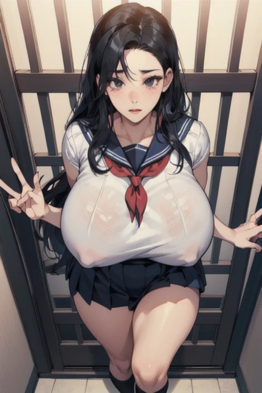 (anime moe style)),((game CG)),(masterpiece),(highest quality), (Super detailed),shape,((very delicate and beautiful)), humiliated look,,front,looking at the viewer,(((1 person)),((whole body)),detailed face and eyes,jewel-like eyes,(long hair),,,(huge breasts,long and slightly saggy breasts) Translucent costume. Nipples are visible even from the top of clothes. Very big and attractive ass. black hair and black eyes lady sailor suit mini skirt black knee socks plump body Seal and Imprison Huang