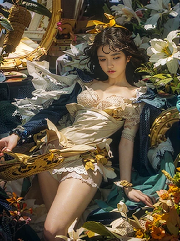 Prompt:
the image of a female girl laying in dust, in the style of organic sculpting, naturalistic ocean waves, intricate embellishments, light beige and beige, detailed miniatures, flowing fabrics --ar 85:128 --s 50 --v 6.0