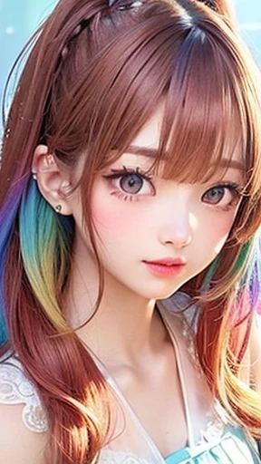 Small face、 (alone:1.5,)Very detailed,Bright colors, Very beautiful detailed anime faces and eyes, Look straight ahead, Shiny_skin,girl, (((Rainbow Hair, Colorful Hair, Half red、Half golden hair: 1.2))), 、Shiny hair, Delicate beautiful face, blush、Glasses、(Turquoise Eyes), , Valletta, Earrings,、Flower Garden、Sunset、(((See-through、sexy、Satin camisole、Brown、,Translucent shirt)))、(Twin tails)、smile、Happy Face、face dyed red、Cheerful pose、dynamic、