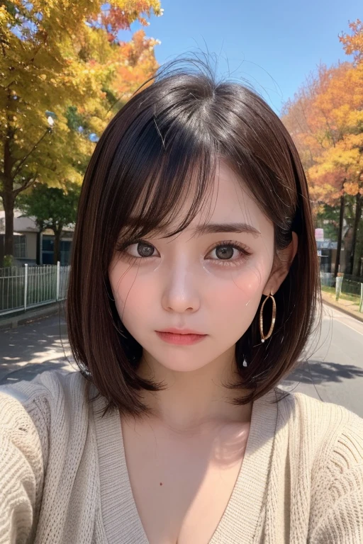 one girl, (a beauty girl, Delicate girl:1.3), (13 years old:1.3),
break, (Tree-lined avenue in autumn:1.2), (cardigan:1.2),
break, very fine resolution, (symmetrical eyes:1.3),
break, small breasts, brown eyes, parted bangs, brown hair, girl,
break, (Eye and face details:1.0), (get closer to the face, zoom in on the face, face focus:1.0),
break, (masterpiece, highest quality, super detailed, detailed face, 8K)、From above、earrings、hair blowing in the wind、blush your cheeks、((Look like you're about to cry:1.4))、Biting your lower lip、high angle、super realistic photos、