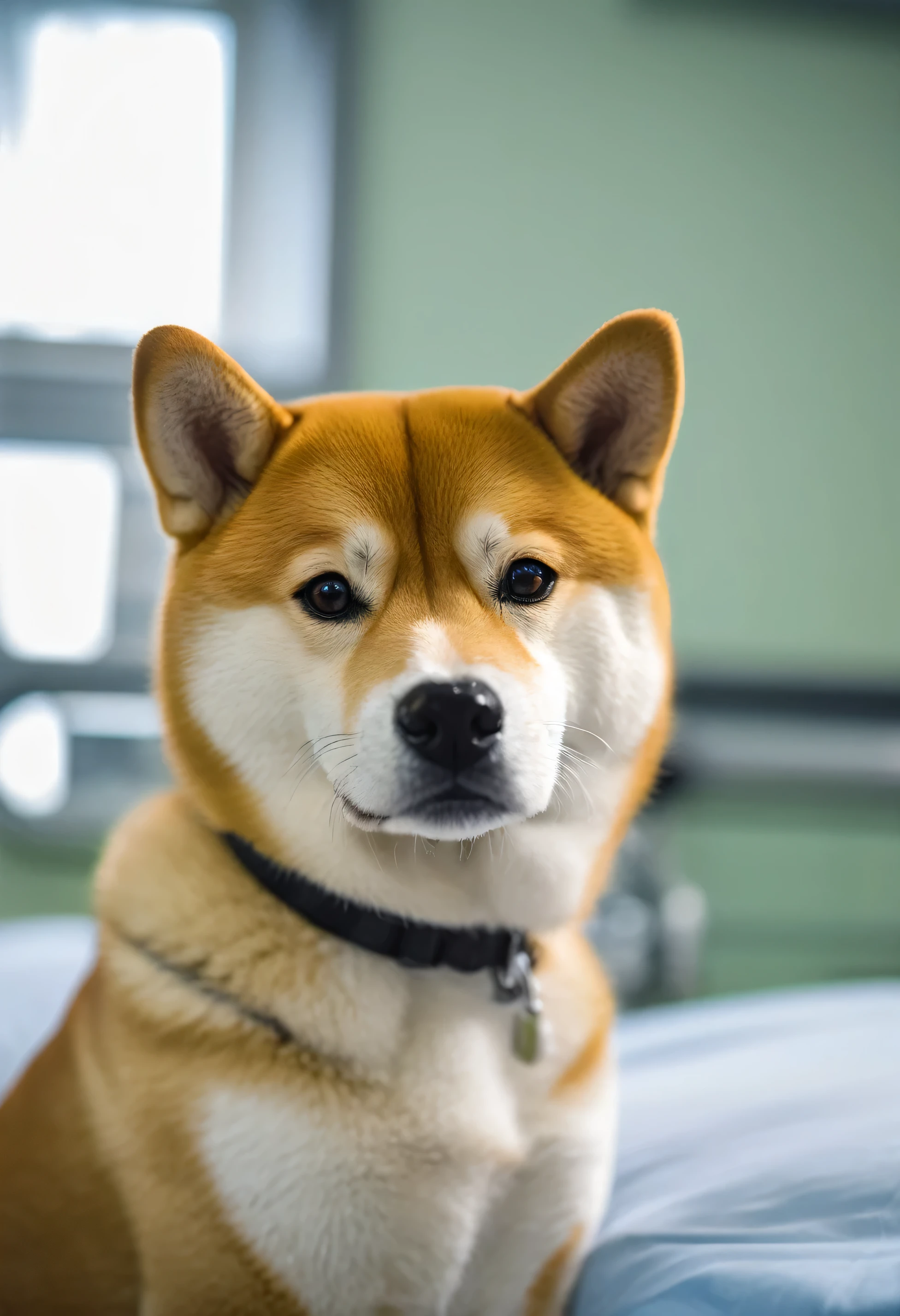 An ultra detailed photo of shiba inu in a hospital, ultra sharp focus, award winning photo, perfect contrast, high sharpness, ultra detailed photography