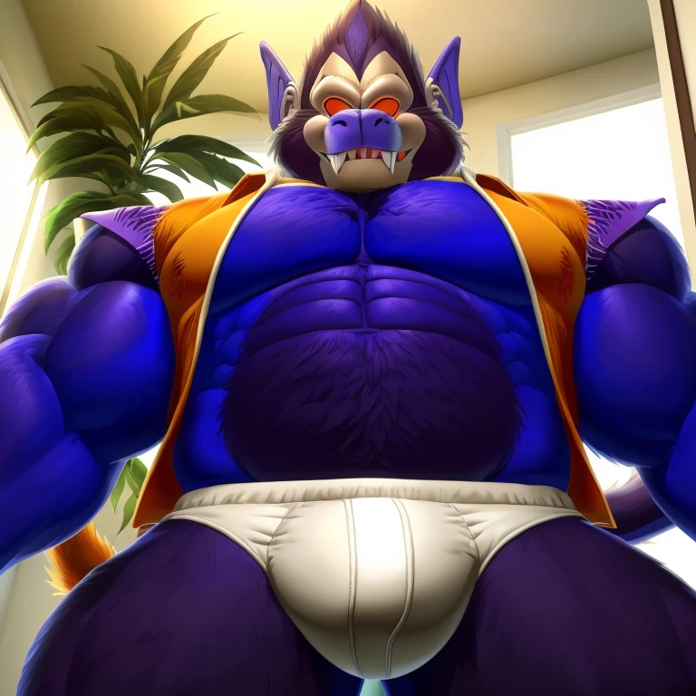 e621, ((oil painting \(medium\), by Rayhuma, by Dreamandnightmare)), solo hyper musclegut male ((gorilla,prick ears, orange fur, massive lactation pecs with lot of milk, massive penis through underwear, fur on the cheek, long muzzle, blue monkey tail muscular abs,(purple body:1.5), big smooth muscles, glowing mono black eyes, biceps, onecolored body, summer,sharp fangs)), (hawaiian shirt:1.5, g-string shorts:1.1), ((open topwear, tight:1.2)), (hands on pecs, standing, :p), giga, (medium close-up, low-angle view:1.1), BREAK, (office, sunny day), (detailed background, (white walls, open small window, plants on sill:1.2), full body shadow, sunlight, ambient light on the body), (masterpiece, best quality, ultra realistic, 4k, 2k), (high detail:1.3), film photography,