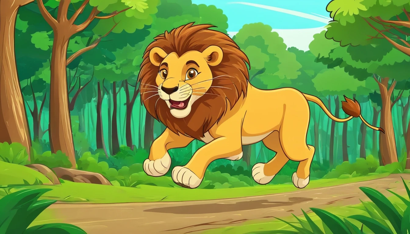 Lion is running in forest. Cartoon style