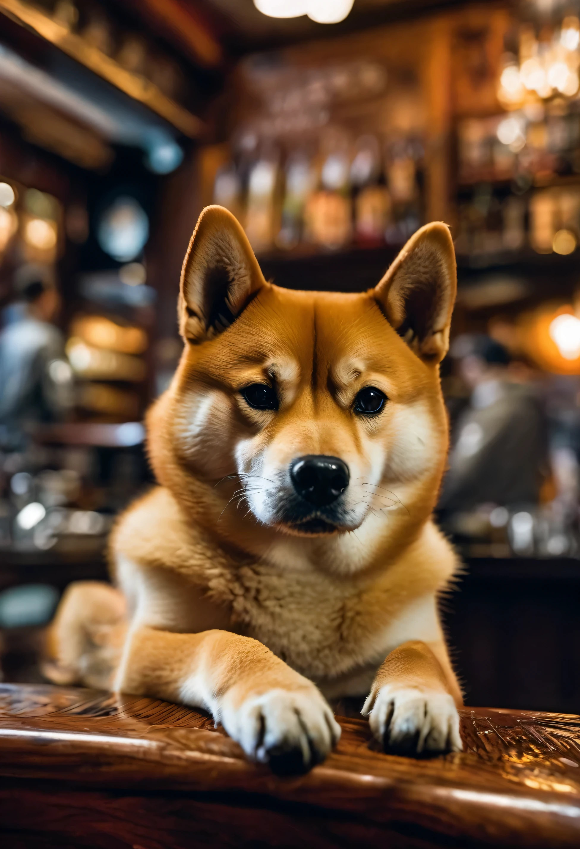 An ultra detailed photo of shiba inu in a bar, ultra sharp focus, award winning photo, perfect contrast, high sharpness, ultra detailed photography