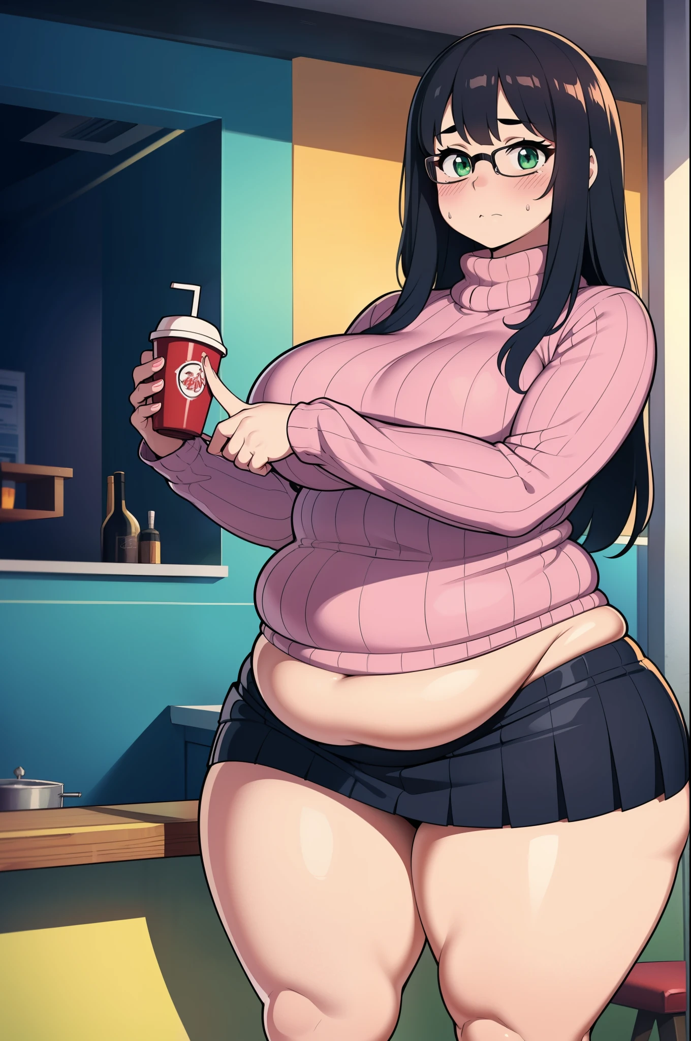 ((Masterpiece)), perfect anatomy, perfect shading, field of depth, (best quality), extremely delicate and beautiful, perfect lighting, detailed face, ultra cute face, cute, ((1girl)), ((solo))
long fluffy black hair, glasses, green eyes, ((blush)), nervous, looking at viewer, sweater, short skirt, medium breasts, ((thick thighs)), (wide hips), ((plump)), chubby belly,
intricate background, detailed background, fast food restaurant,