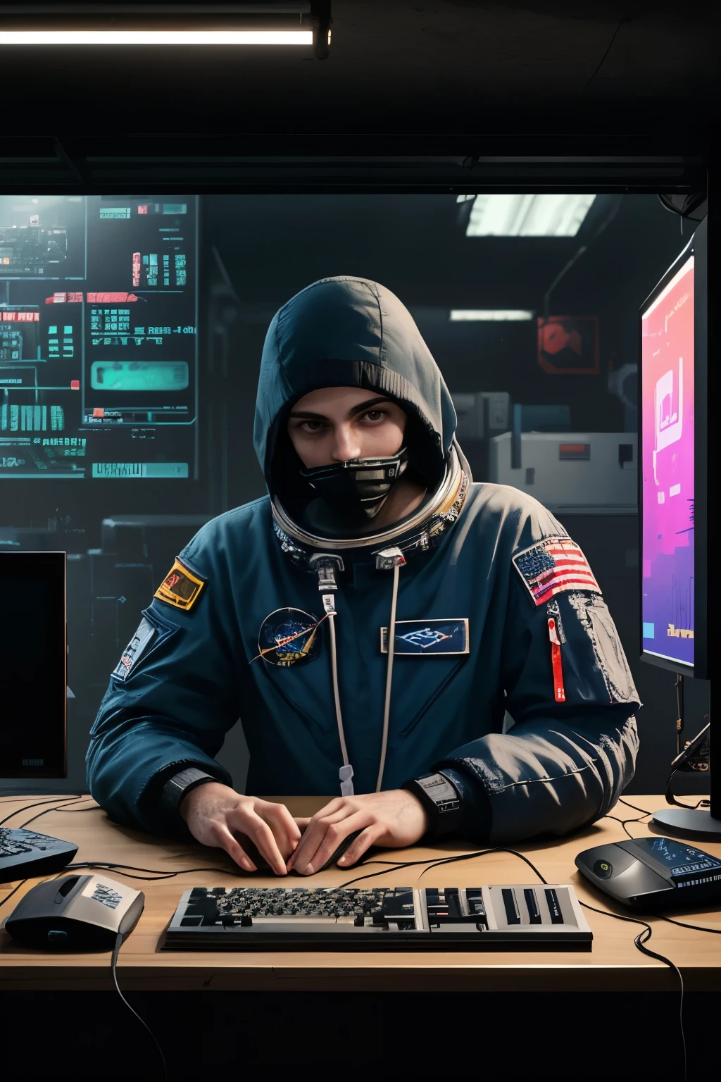 create a image in [pixel art] of a hacker, astronaut of the future with cyberpunk themed environtment inside his basement and he is sitting in front of a desk and he's looking directly at the viewer, in a medium close up, and his hands are visible on the keyboard of the computer and all the things around him are hacker and cyberpunk themed

