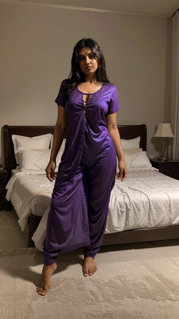 44 years old indian aunty in purple indian nighty showing her  stand on bed