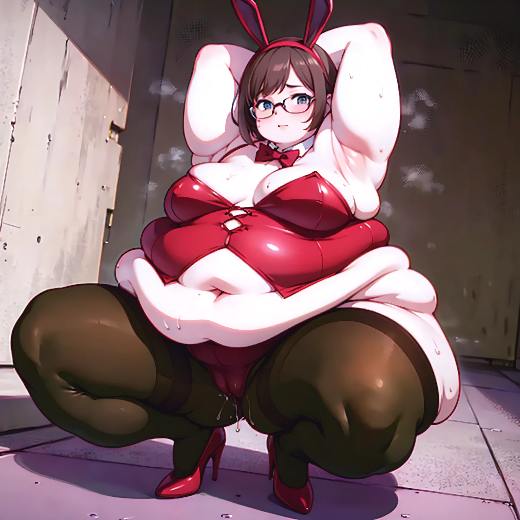 plump,(Masterpiece, best quality, highres:1.4),sagging breasts,milf,(big belly:1.5),brown hair,show off pussy,pussy juice, low ponytail,thick leg,thick arm,lower cut glasses,(fat girl:1.3),creampie,squirt,big breasts,sweaty skin,highheel,squatting,(1girl:1.2), white woman, (USSBBW:1.1), (fatblob:1.4),double chin,playboy bunny,rabbit ears,pantyhose,red leotard,bowtie,wrist cuffs,arms up