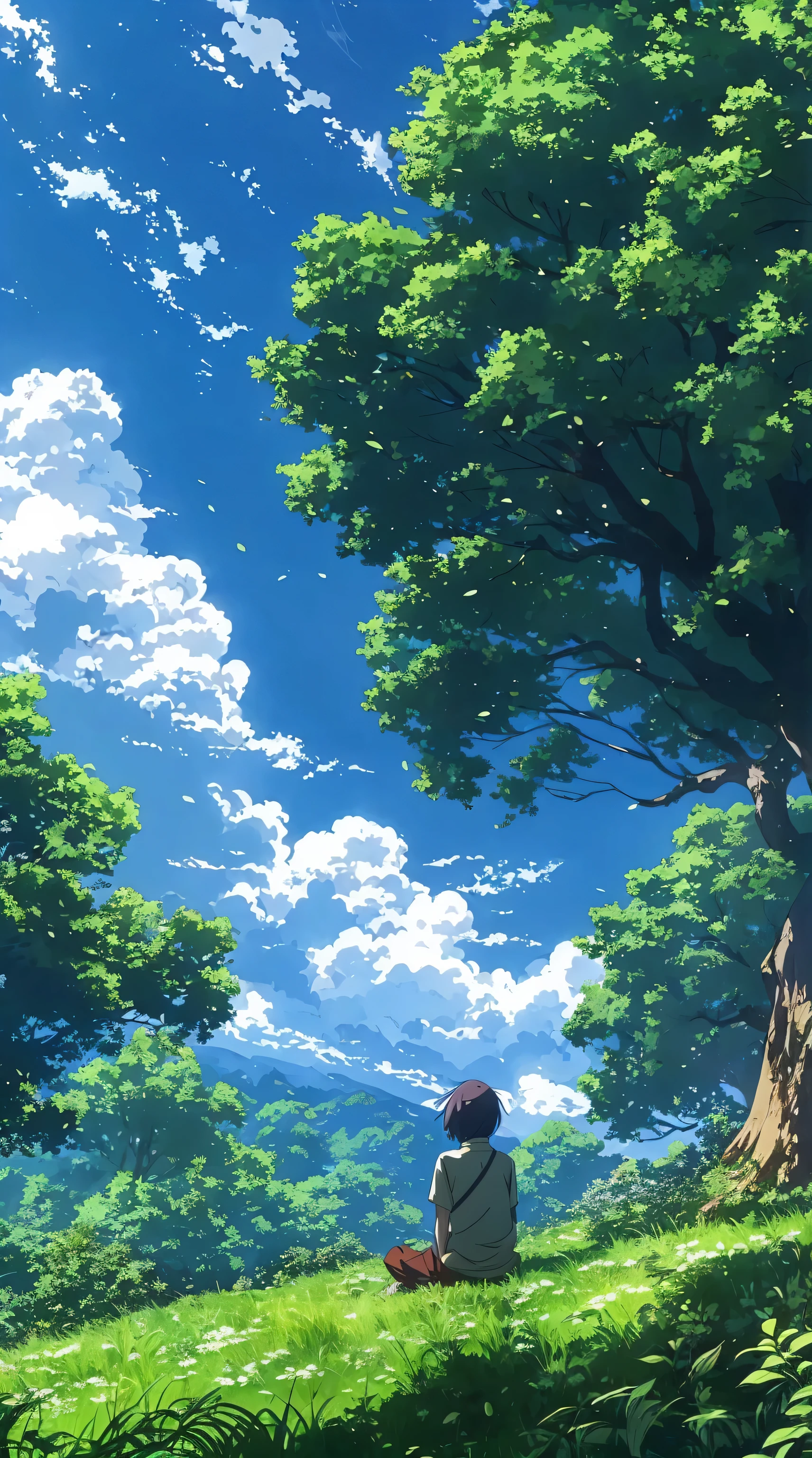 anime scene of a woman sitting under a tree in a field, anime nature, anime nature wallpap, anime background, beautiful anime scenery, beautiful anime scene, anime scenery, anime landscape, anime landscape wallpaper, makoto shinkai!, anime beautiful peace scene, anime countryside landscape, anime background art, makoto shinkai!!, anime movie background