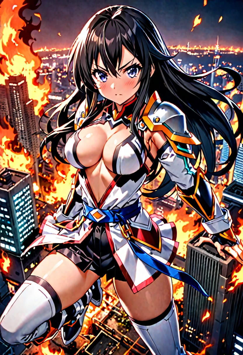 ((highest quality)), ((masterpiece)), (get used to it), perfect face, Japanese with shoulder-length black hair、Breasts are F cup、outstanding style、28 year old female。she、Gungnir from Senki Zesshou Symphogear、tachibana　Wearing Hibiki&#39;s armor。 The right fist is thrust forward like a karate kata.、left hand on waist。The background is、a city engulfed in flames, Like a Hong Kong movie。night、The camera angle is from directly above、Look at the camera