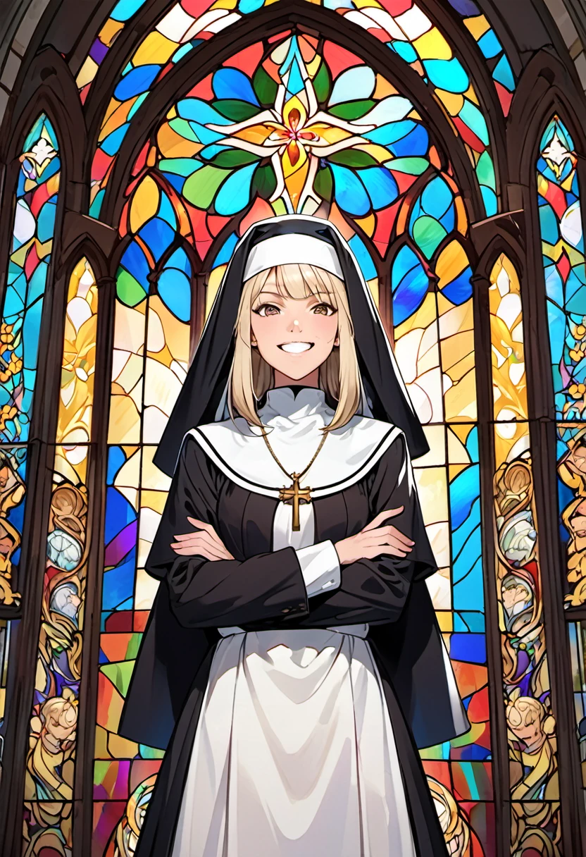 nun、blonde、boyish、30 generations、brown eyes、triumphant smile、Eight teeth visible、Aggressive、Standing alone in a stained glass church、arms crossed