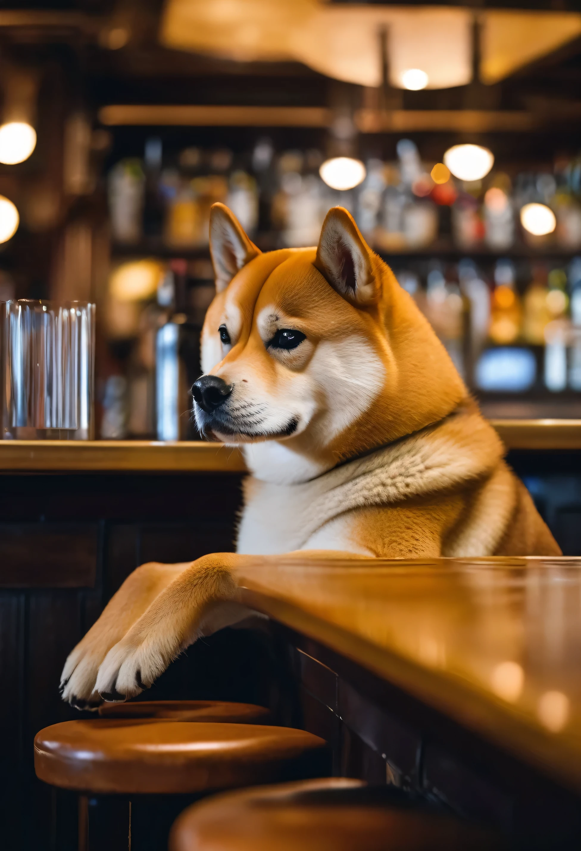An ultra detailed photo of shiba inu in a bar, ultra sharp focus, award winning photo, perfect contrast, high sharpness, ultra detailed photography
