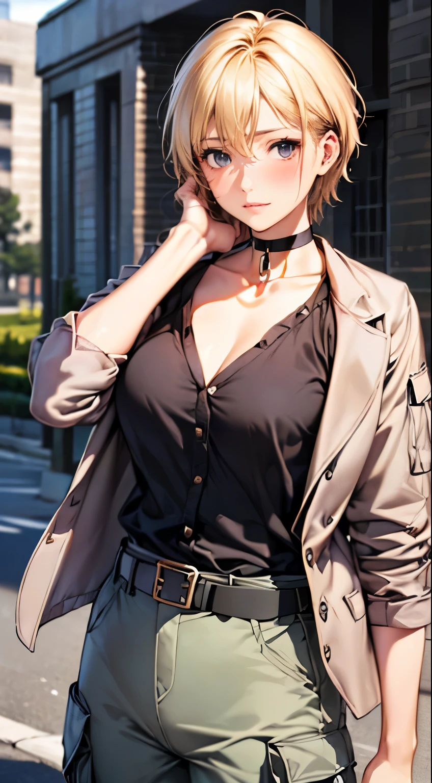 (masterpiece:1.2, highest quality), (realistic, photorealistic:1.4), beautiful illustrations, 
looking at the viewer, whole body, Front view:0.6, 
1 female, 25 years old, Japanese, ((blonde:1.5, handsome short hair:1.4)), No bangs, hair between eyes, ((height: 176 cm, big breasts:1.6, thin waist)) 
beautiful hair, beautiful face, beautiful and detailed eyes, (black eye:1.3), beautiful clavicle, beautiful body, beautiful breasts, beautiful thighs, beautiful feet, beautiful fingers, perfect anatomy:1.3,
(Outdoor A-1 jacket:1.8, long skirt:1.4, belt, choker:1.6)), white panties:1.6, 
((Grab the hem of your skirt with your right hand, put your left hand on your chest, open your legs:1.3)), 
(Look at the viewer while blushing:1.3), ((nfsw:1.4))