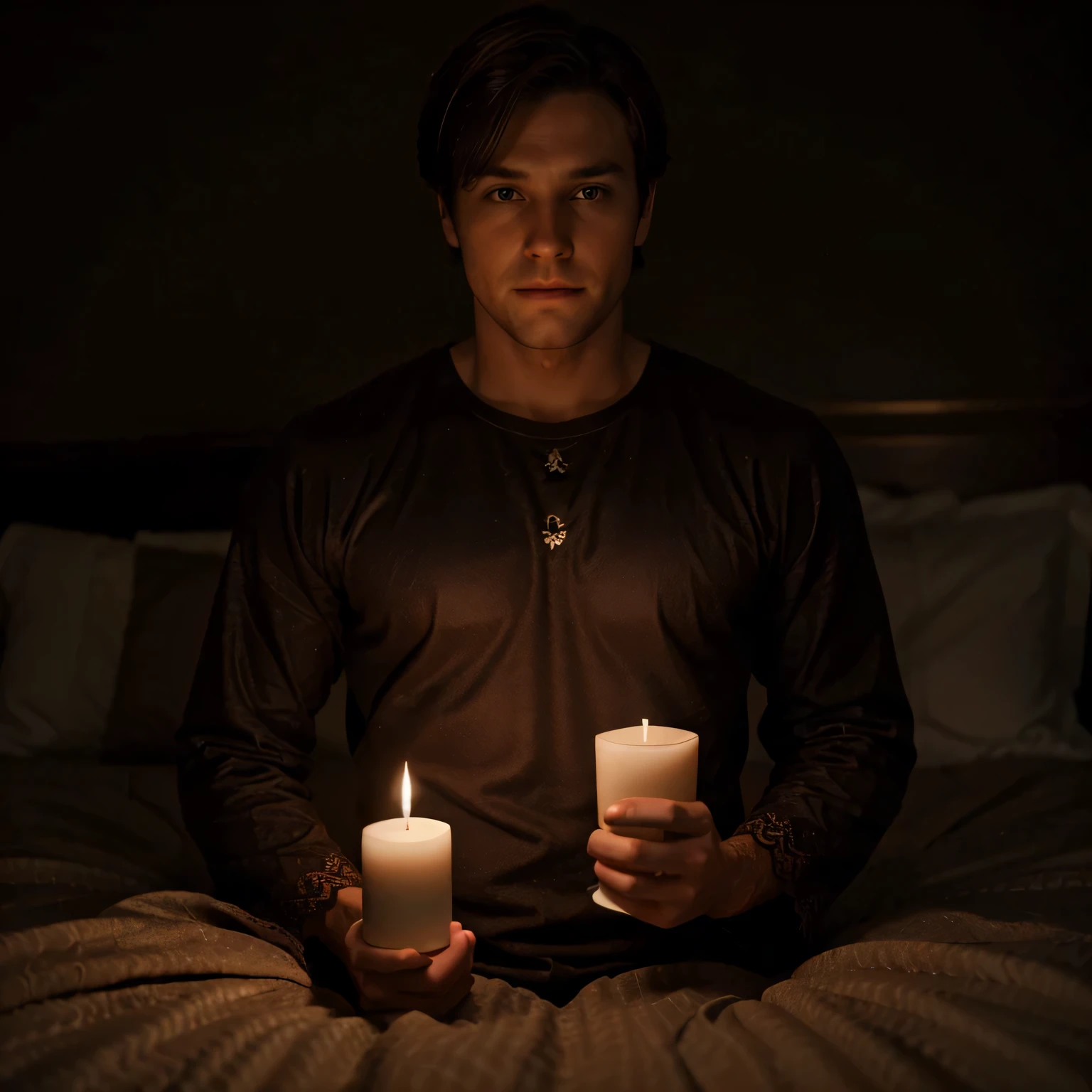 1 man 30 y.o, realistic, brown hair, blurry background, blurry,
spotlight,dark theme,candle,on bed, lace pajamas,spotlight,(nsfw:0.7)
