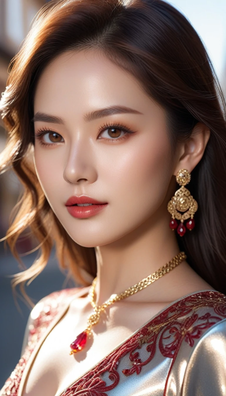 Asian super woman with long brown hair, age 20, possessing stunning beauty with intricate facial details and a flawless body. Adorned with gold earrings and a ruby necklace, she wears a silver dress featuring intricate details. The photo is captured in 8K quality, showcasing luxurious and gorgeous colors under the sunlight on the street. The focus is on her, with a close-up shot highlighting clear angles of her face and eyes, illuminated by the bright sunlight