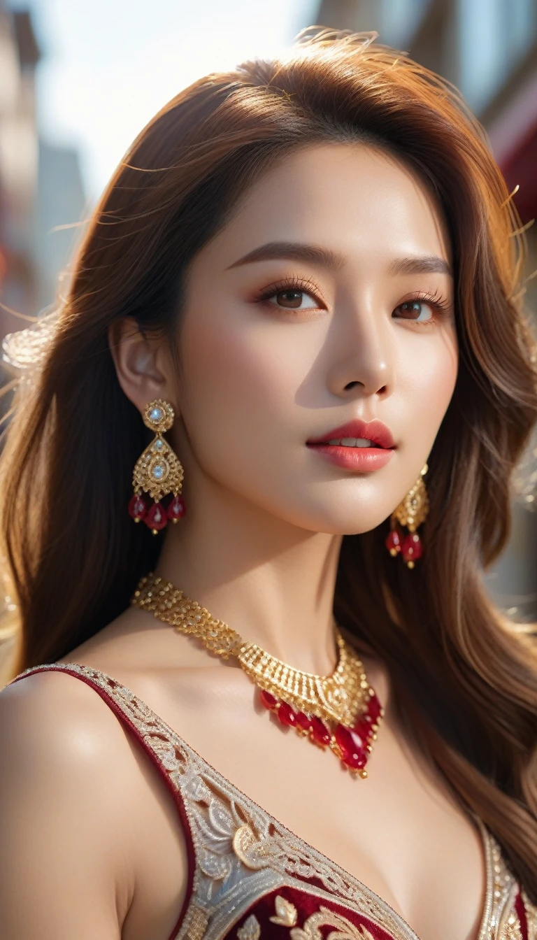 Asian super woman with long brown hair, age 20, possessing stunning beauty with intricate facial details and a flawless body. Adorned with gold earrings and a ruby necklace, she wears a silver dress featuring intricate details. The photo is captured in 8K quality, showcasing luxurious and gorgeous colors under the sunlight on the street. The focus is on her, with a close-up shot highlighting clear angles of her face and eyes, illuminated by the bright sunlight