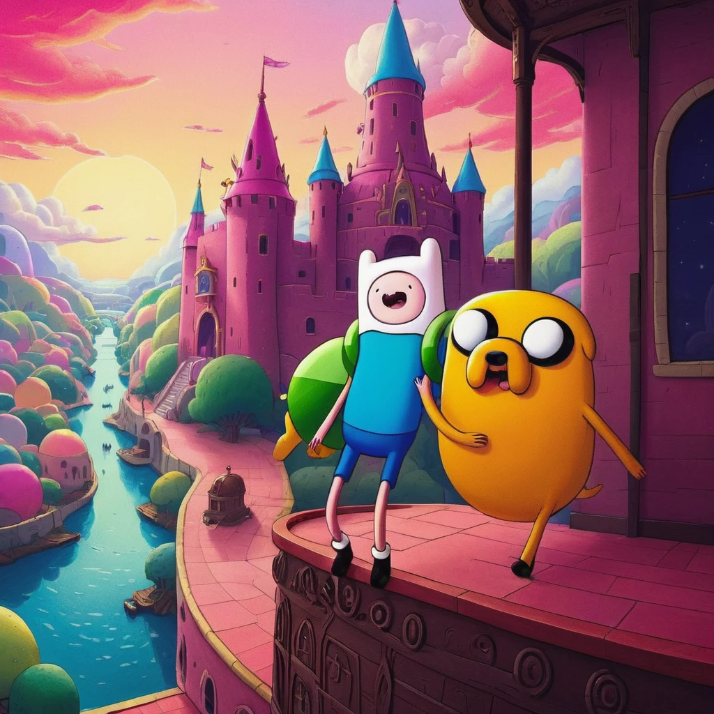 "Adventure Time" comics. Princess BubleGum stands on the balcony of her palace. The background is A Landscape of the Candy Kingdom, chiaroscuro, high contrast, textured look, Ultra bright colors, digital Art, perfect composition, beautiful detailed intricate insanely detailed octane render trending on artstation, 8 k artistic photography, photorealistic concept art, soft natural volumetric cinematic perfect light, chiaroscuro, award - winning photograph, masterpiece, oil on canvas,, intricate details as seen in octane rendering, High Resolution, High Quality, Masterpiece