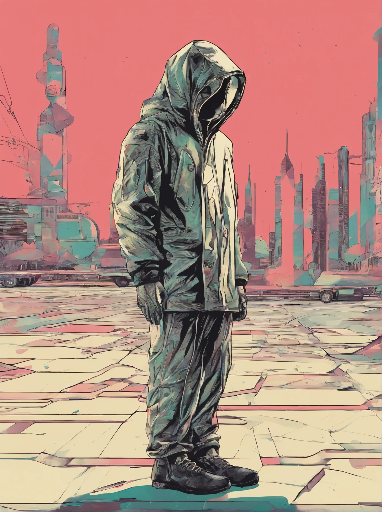 Create an ultra-wide photo of a decrepit zombie wearing an Adidas coat and hood., on an abstract background. The overall style of the image should be minimalistic with a touch of Artgem.. The zombie should be depicted in a decrepit and corpse style., with an emphasis on creating a sense of horror and decay. The Adidas coat and hood must be rendered in high detail., with an emphasis on conveying the texture and style of clothing. The background of the image should be an abstract design., with an emphasis on creating a sense of depth and contrast with the foreground. The image must be presented in a wide format., with an emphasis on creating a sense of scale and drama in the scene.