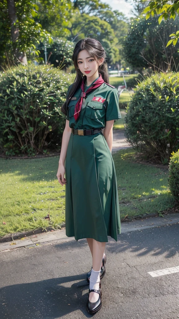 beautiful girlลูกครึ่ง, highest resolution, 8k, high definition, beautiful girl, cute, Height 173 centimeters, Thai girl scout uniform:1.37, scoutหญิง:1.0, (scoutหญิง, scoutหญิง, เlongชนกาชาด), (stand, walk, Dynamic posts, Incredible view), (Beautiful face, แต่งBeautiful face, Double eyelids, red lips, smile at the corner of the mouth, beautiful eyes, beautiful woman, The skin is realistic..), (ผมlongสองเมตร, ความงามที่มาจากผมlong, ผมlongที่ดูโดดเด่น, ผมlongมาก, ปล่อยผมlong, ผมของเธอlongมาก, ผมตรงlong, black hair), (dark green shirt, thin, Short sleeve shirt., collar shirt), (กระโปรงอัดพลีทขนาดbigสีเขียวเข้ม., long, Close your legs completely....), (The scarf is rolled into a beautiful trunk..., crimson cravat), (scoutหญิง, scoutหญิง, scout), (กระโปรงสีเขียวเข้มพร้อมbeltผู้หญิง), dark green shirt dark green skirt, (ไม้ง่ามlong, ไม้พลองscout), ((หน้าอกbig, breast augmentation, เต้าbig , big breasts, big , หน้าอกbigโต, Overflowing breasts)), ((Symmetrical shape, sexy figure)), ((thin, small waist)), ((black court shoes, white socks, Put on a watch, belt)), (((full body, Look at every part of the body....))), background, building, building, lawn, outdoor sports field, buildingเรียน